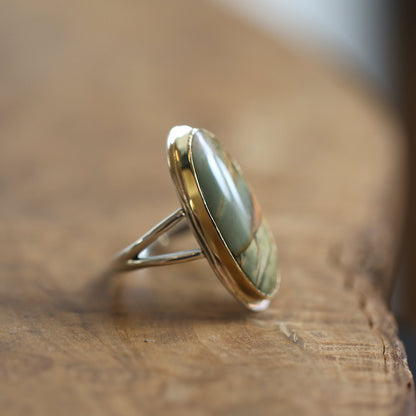 Custom Red Creek Jasper Ring - 18K Solid Gold Bezel - Sterling Silver