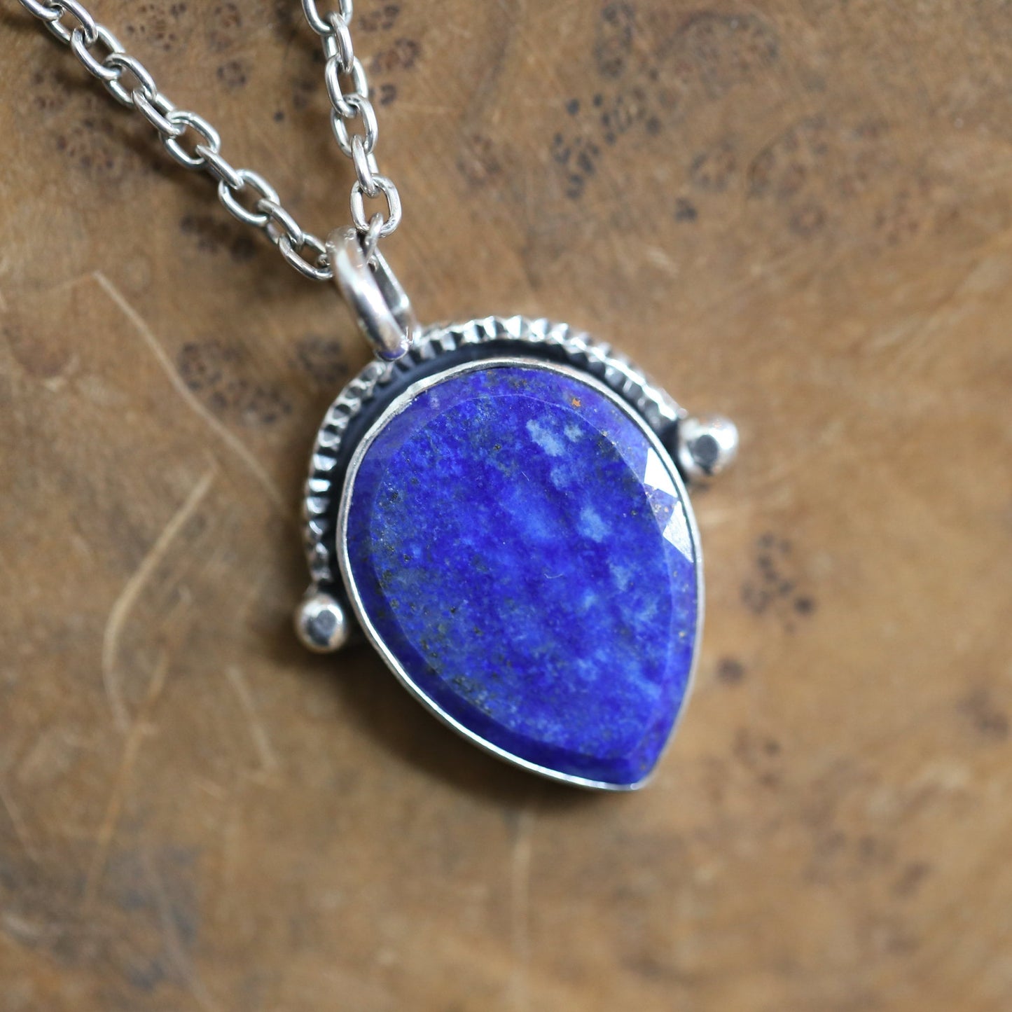 Teardrop Lapis Lazuli Pendant – Textured Sterling Silver Necklace