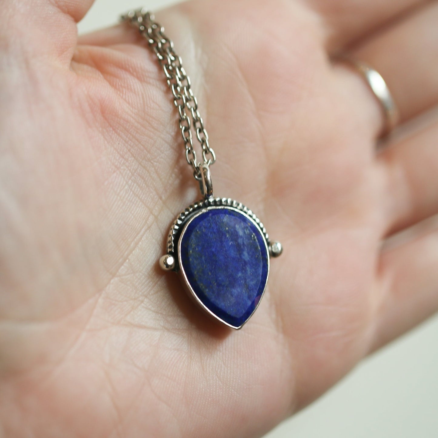 Teardrop Lapis Lazuli Pendant – Textured Sterling Silver Necklace