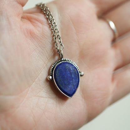 Teardrop Lapis Lazuli Pendant – Textured Sterling Silver Necklace