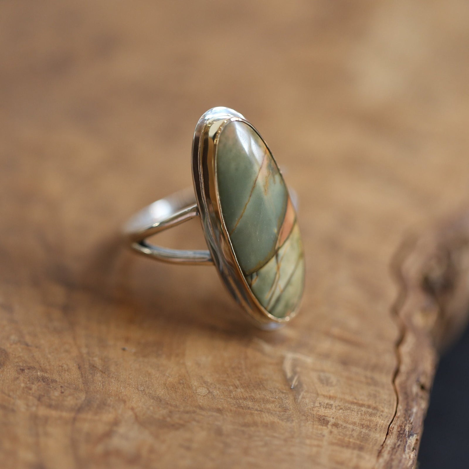Red Creek Jasper Ring - 18K Solid Gold Bezel - Sterling Silver