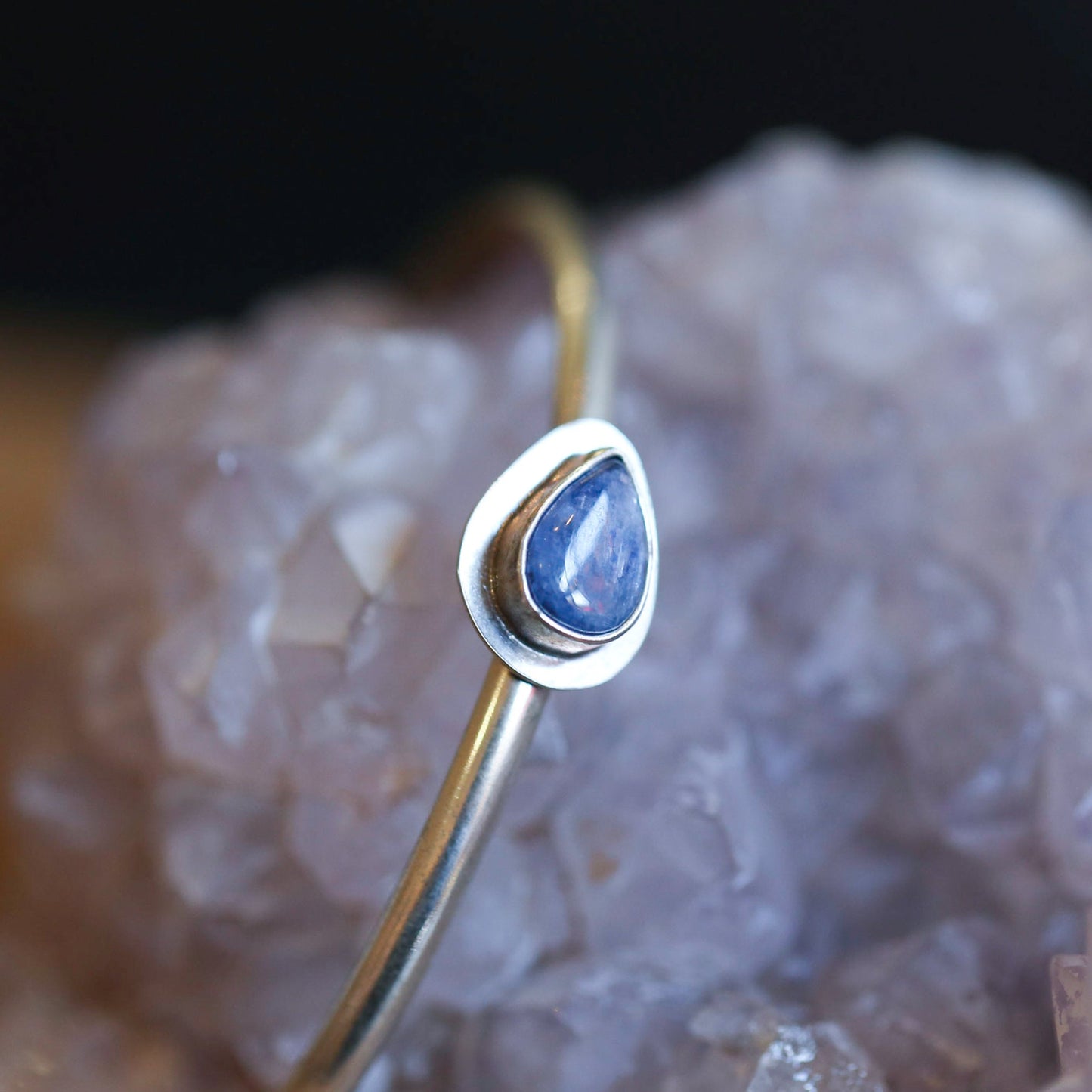 Blue Kyanite Sterling Silver Cuff Bracelet - Pear Cabochon