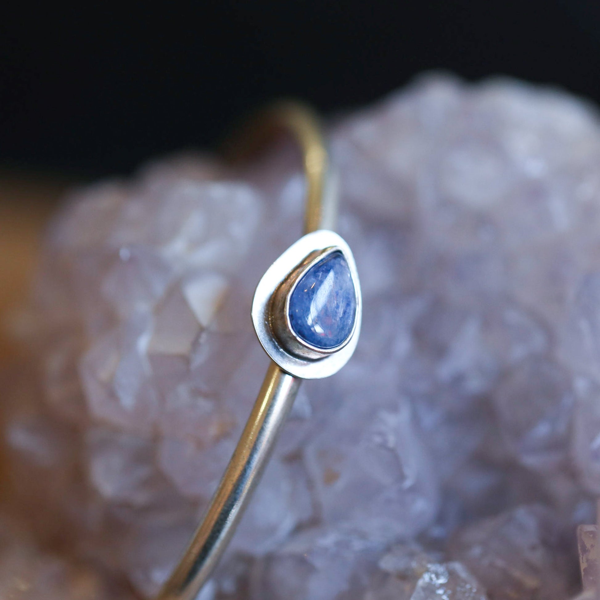 Blue Kyanite Sterling Silver Cuff Bracelet - Pear Cabochon