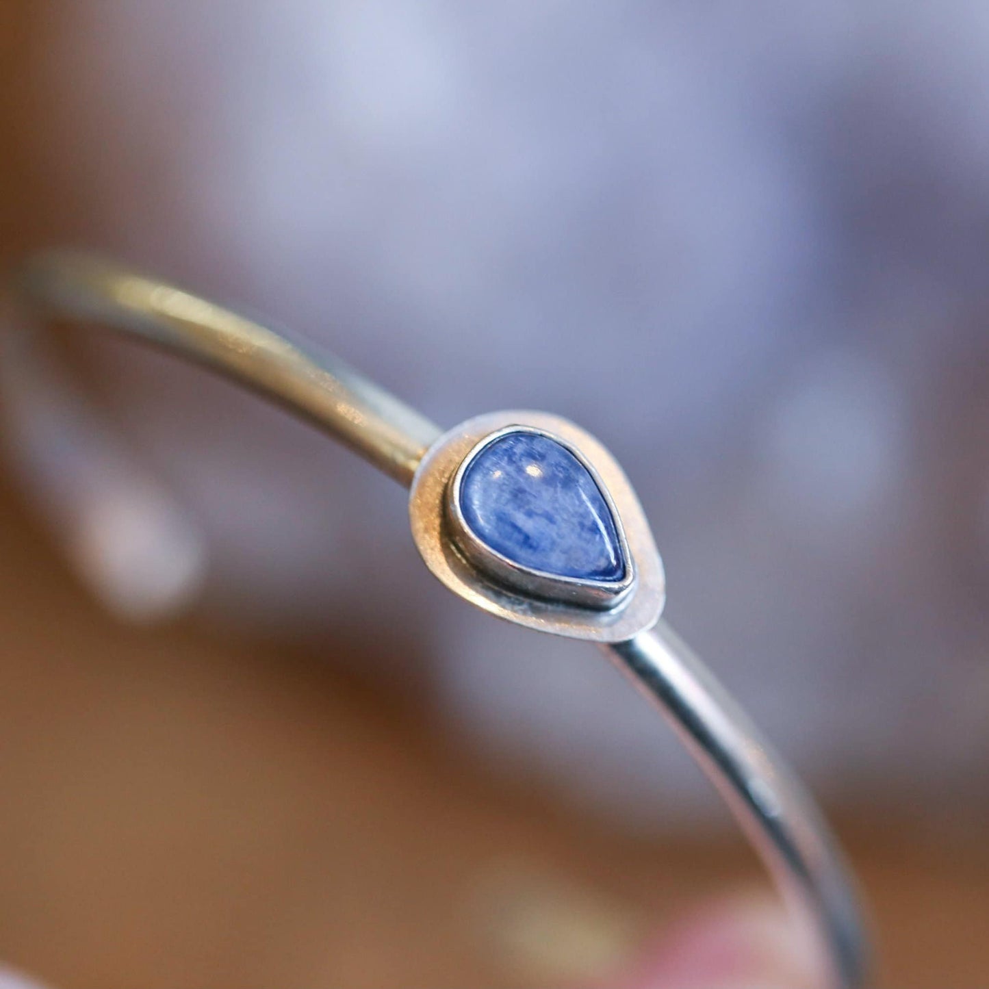 Blue Kyanite Sterling Silver Cuff Bracelet - Pear Cabochon