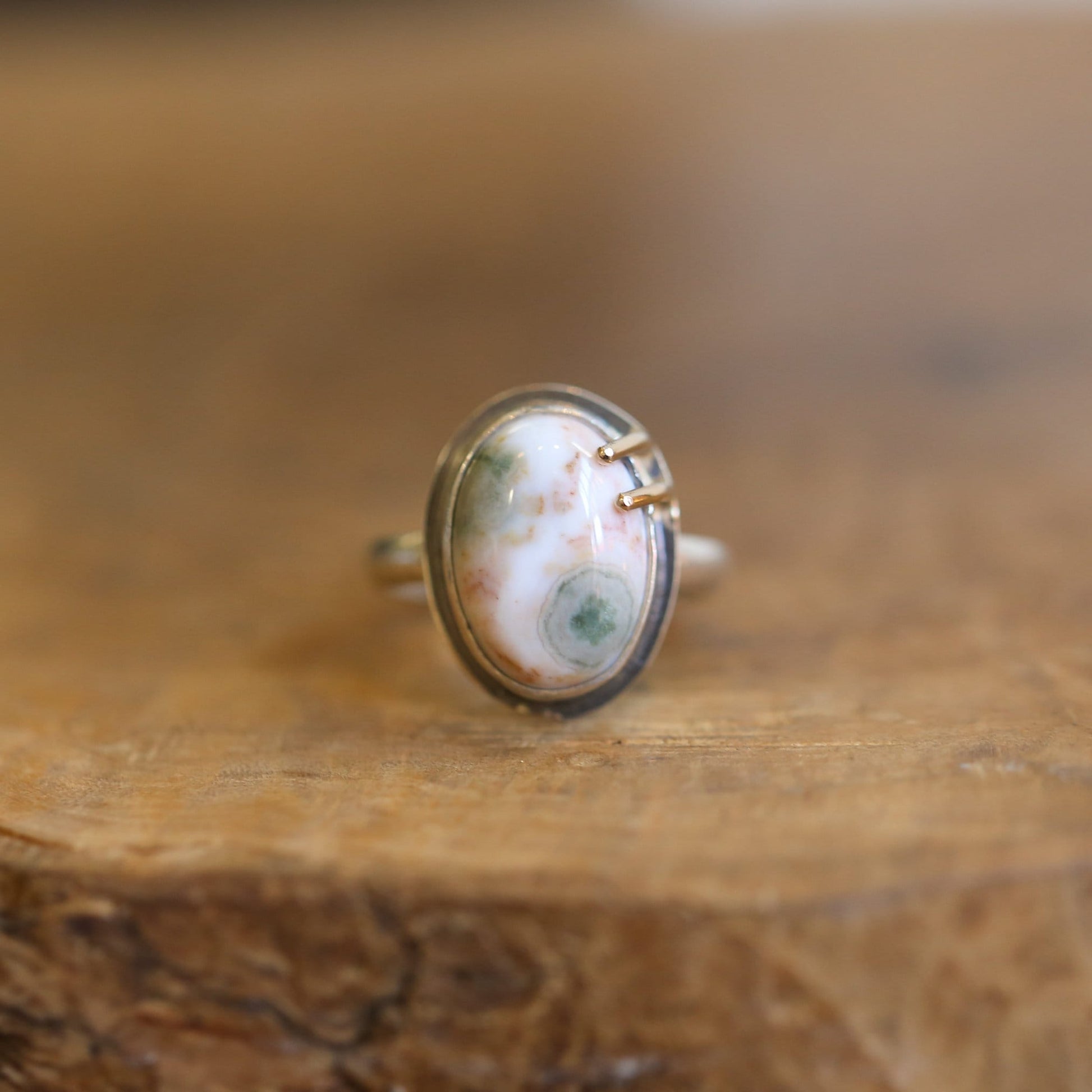 Custom Ocean Jasper Ring - Choose your stone - 14K Gold Prongs - Silversmith