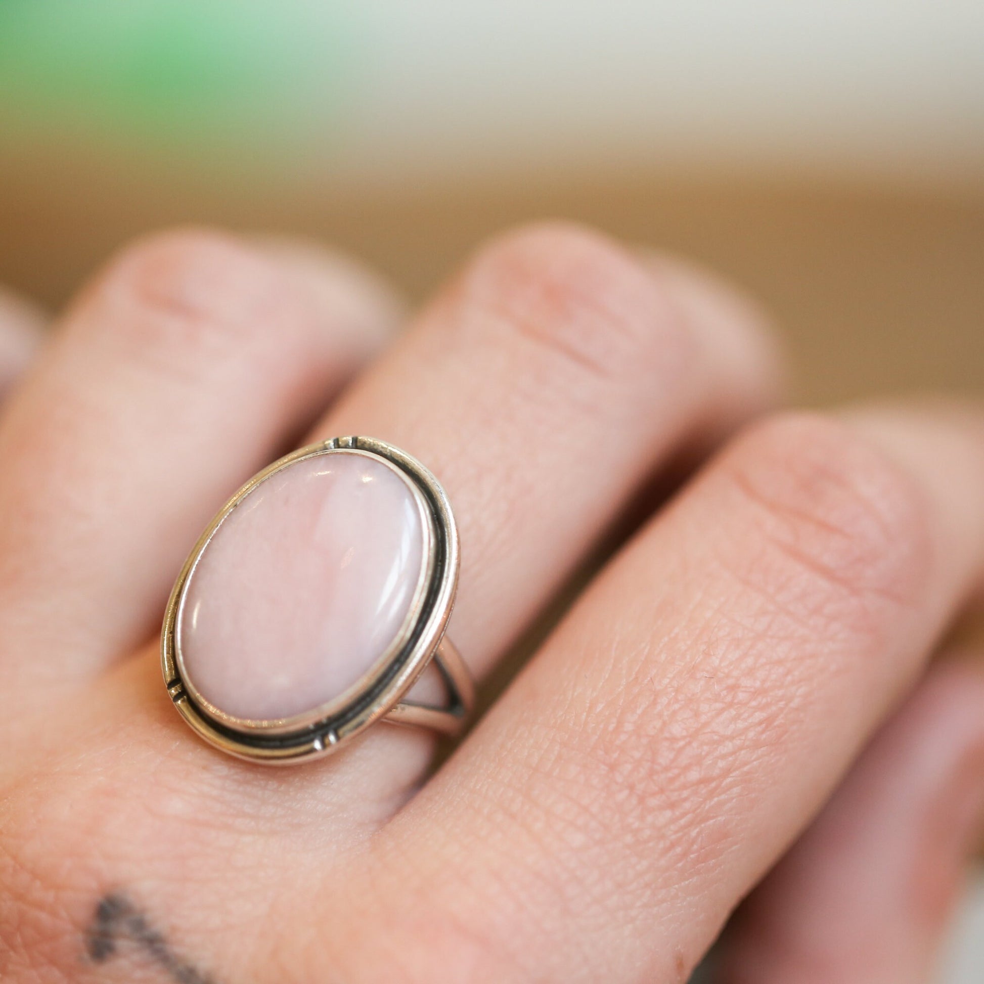 Pink Opal Sterling Silver Statement Ring – Hand Chiseled Boho Design