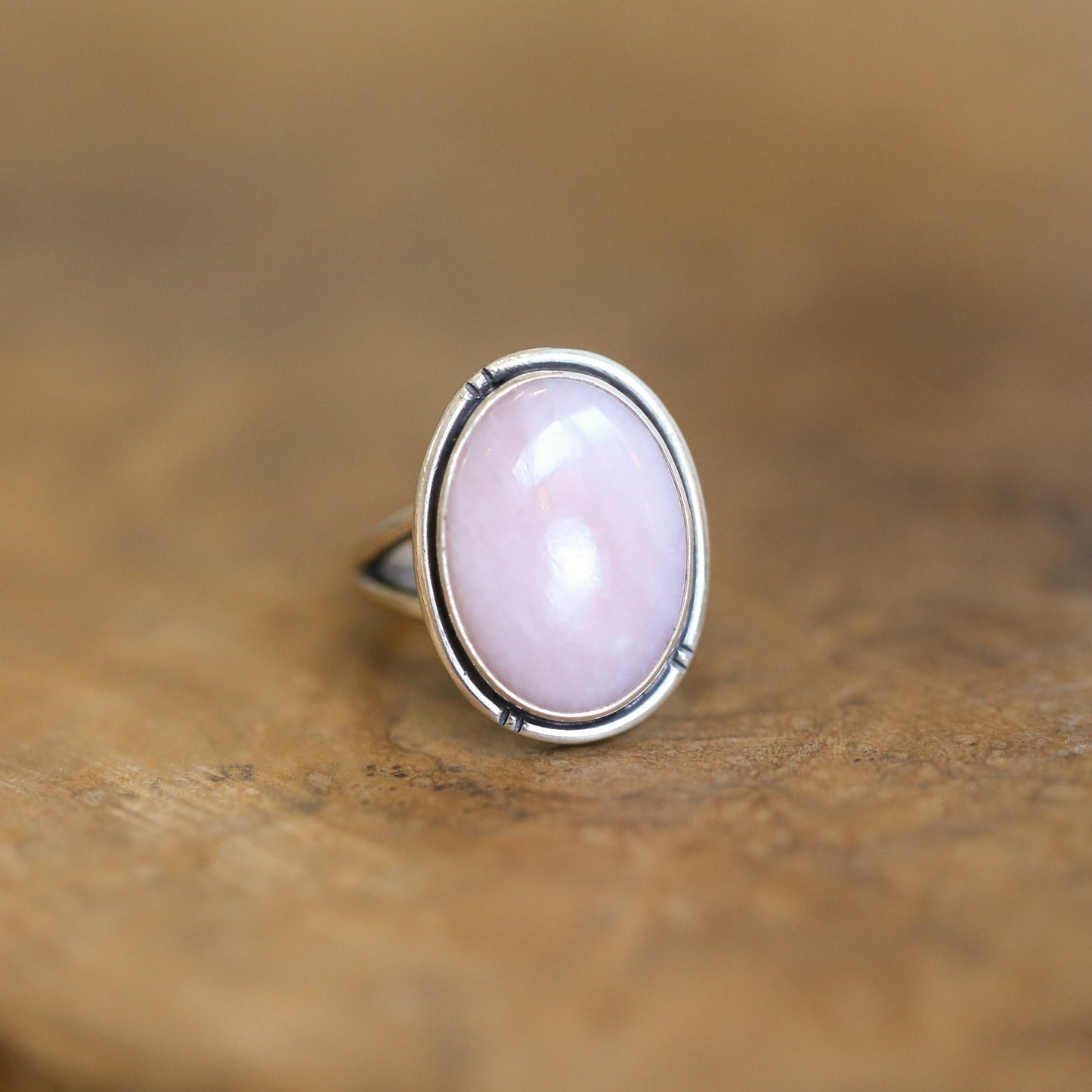Pink Opal Sterling Silver Statement Ring – Hand Chiseled Boho Design
