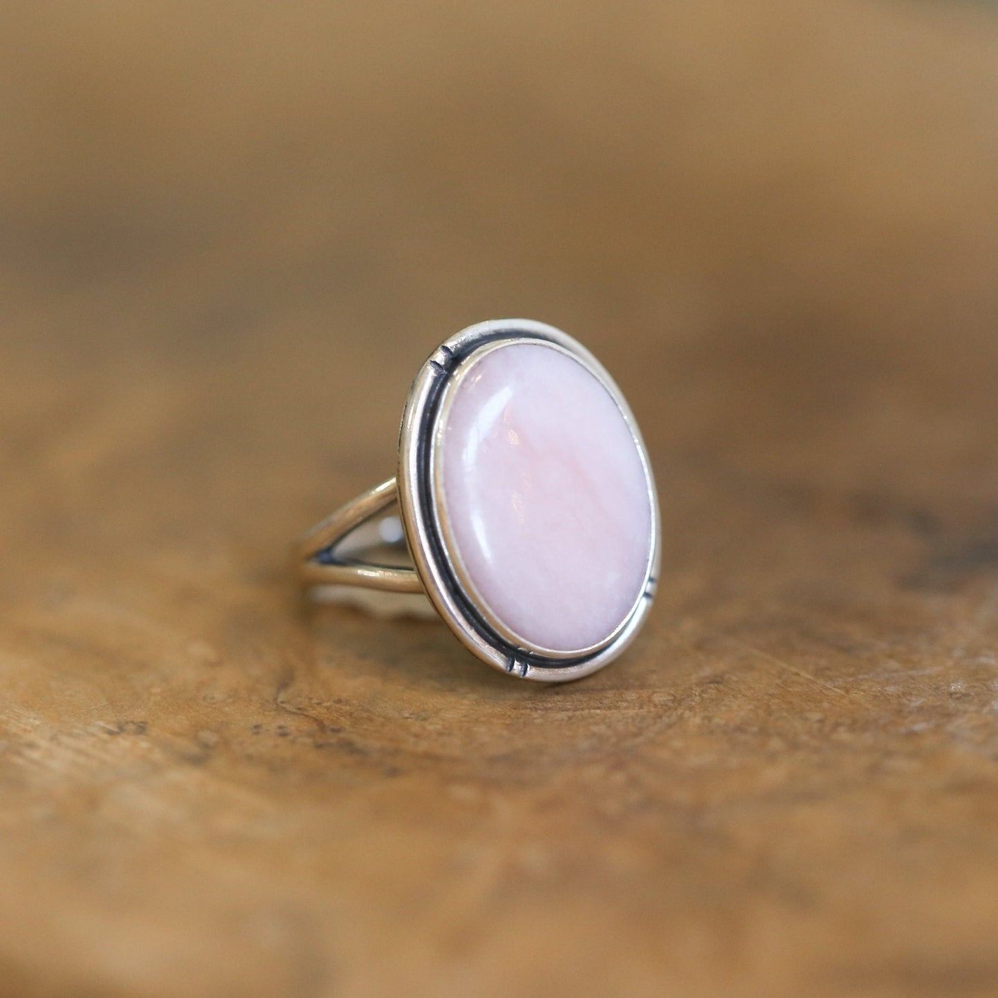 Pink Opal Sterling Silver Statement Ring – Hand Chiseled Boho Design