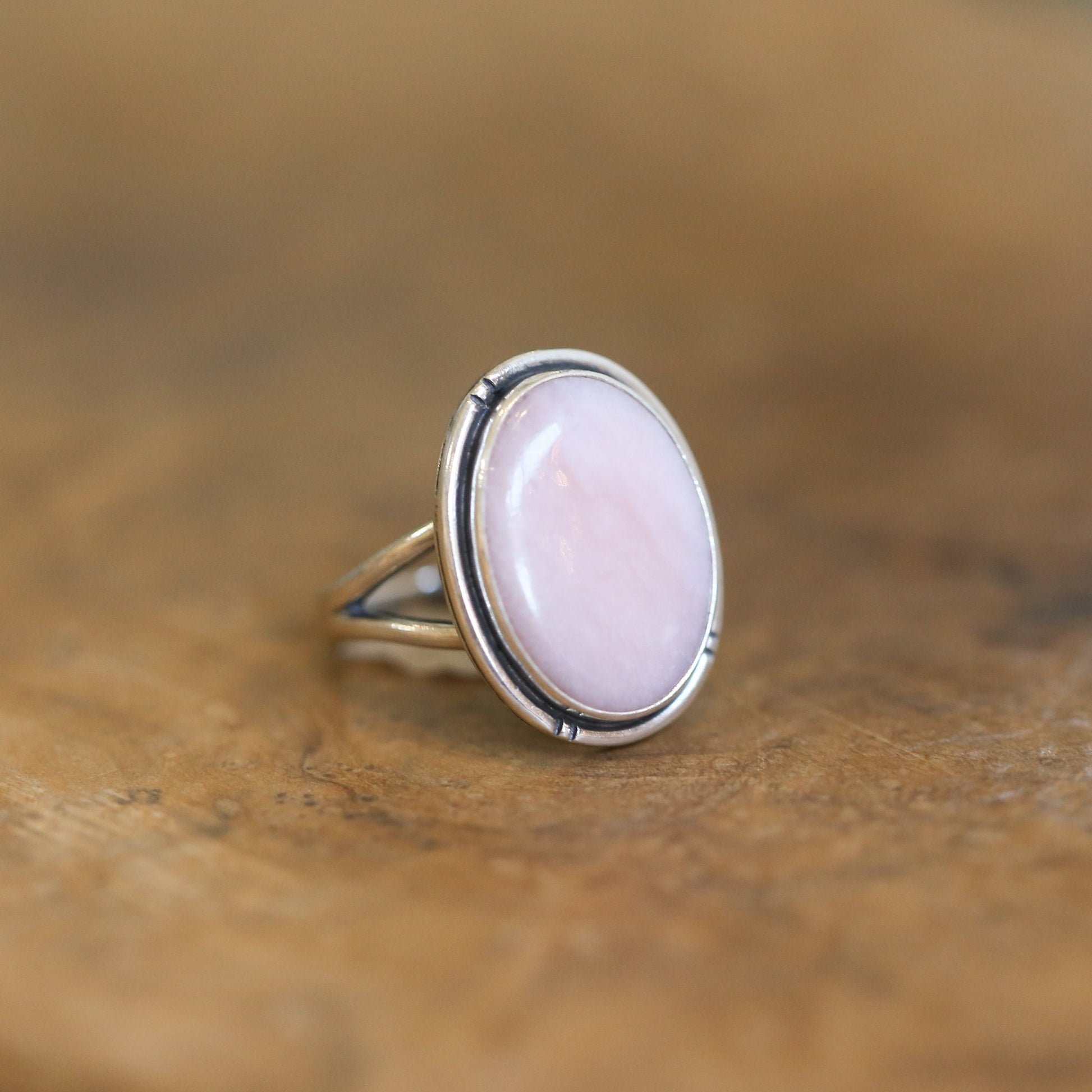 Pink Opal Sterling Silver Statement Ring – Hand Chiseled Boho Design