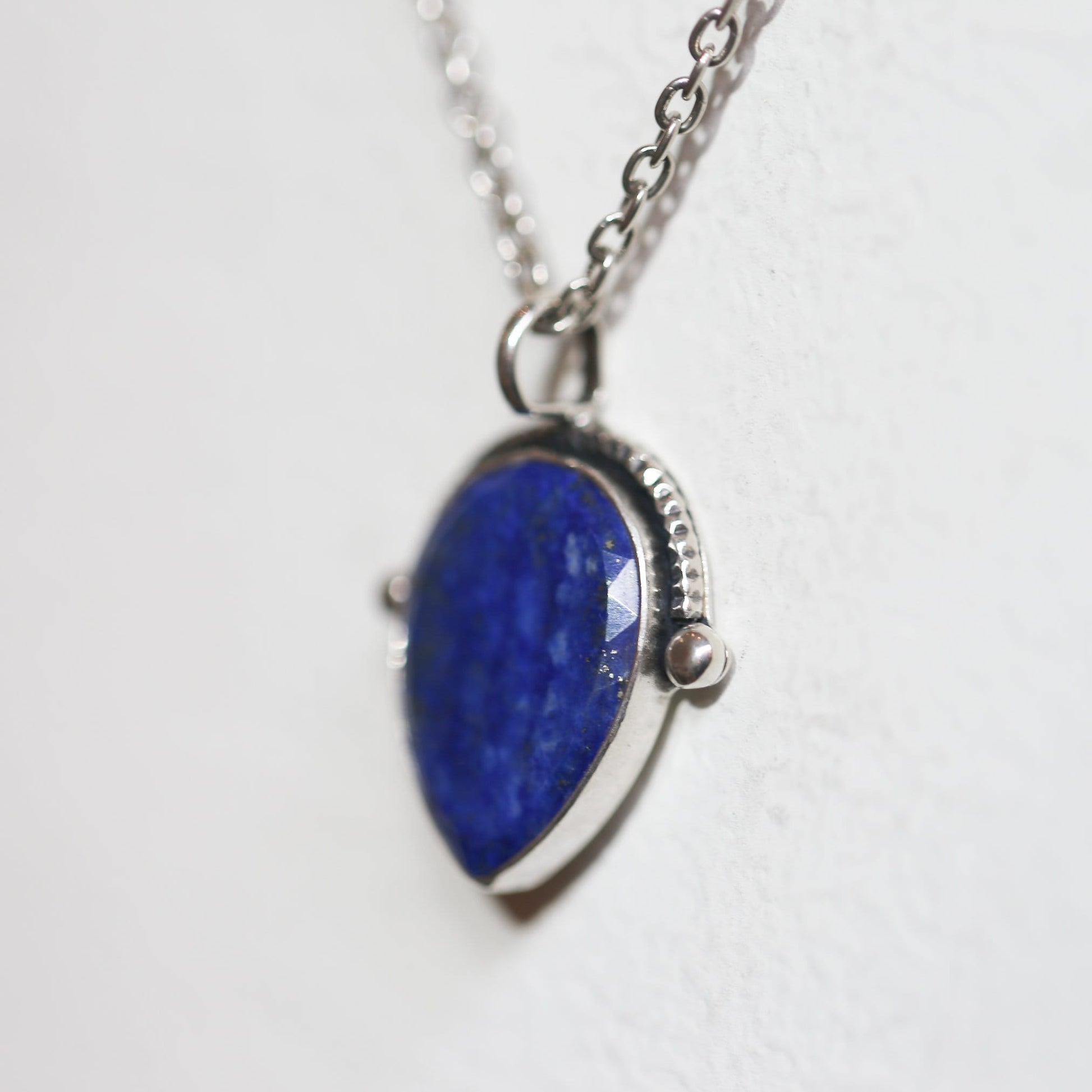 Teardrop Lapis Lazuli Pendant – Textured Sterling Silver Necklace