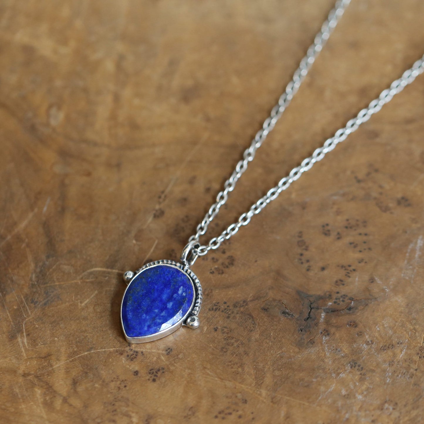 Teardrop Lapis Lazuli Pendant – Textured Sterling Silver Necklace