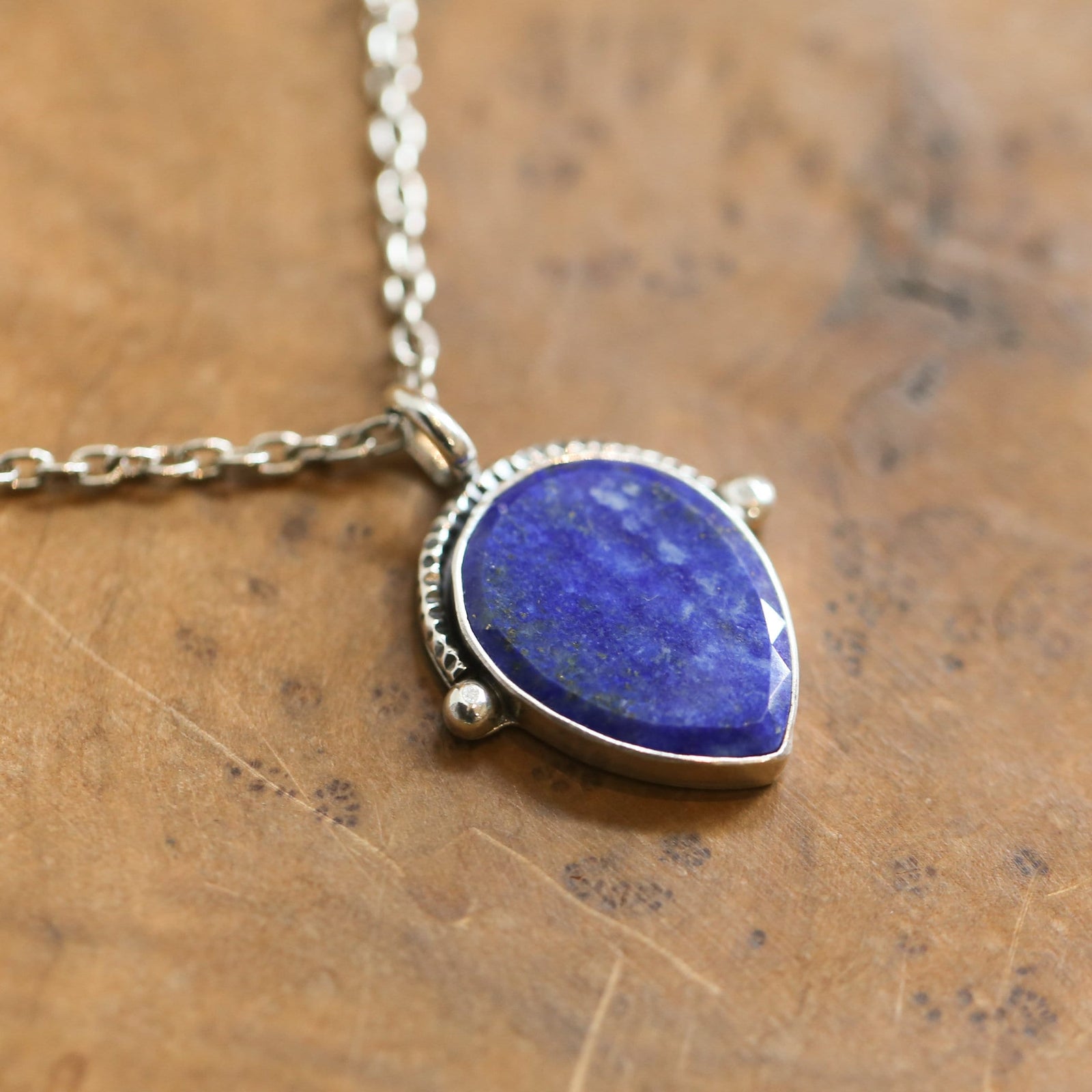 Teardrop Lapis Lazuli Pendant – Textured Sterling Silver Necklace