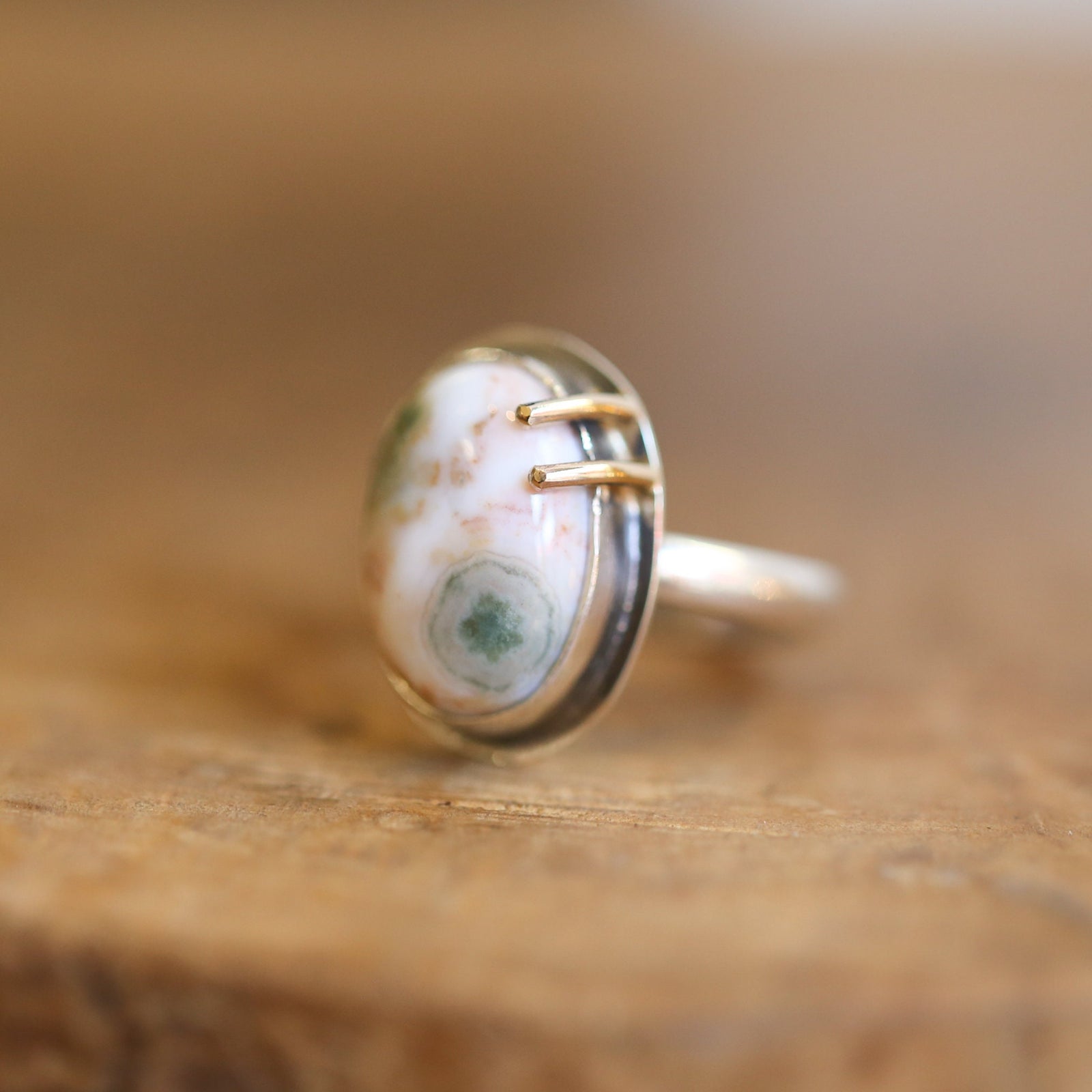 Custom Ocean Jasper Ring - Choose your stone - 14K Gold Prongs - Silversmith