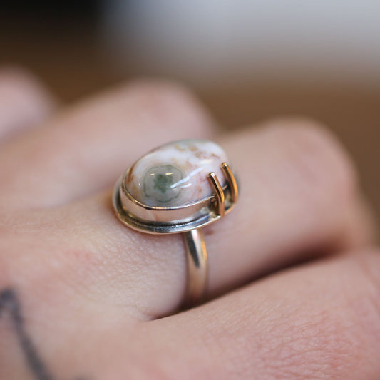 Custom Ocean Jasper Ring - Choose your stone - 14K Gold Prongs - Silversmith