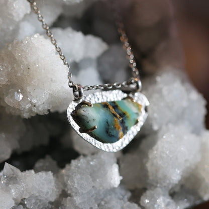 OOAK Peruvian Blue Opal Necklace - 14K Gold Prong Pendant - Sterling Silver