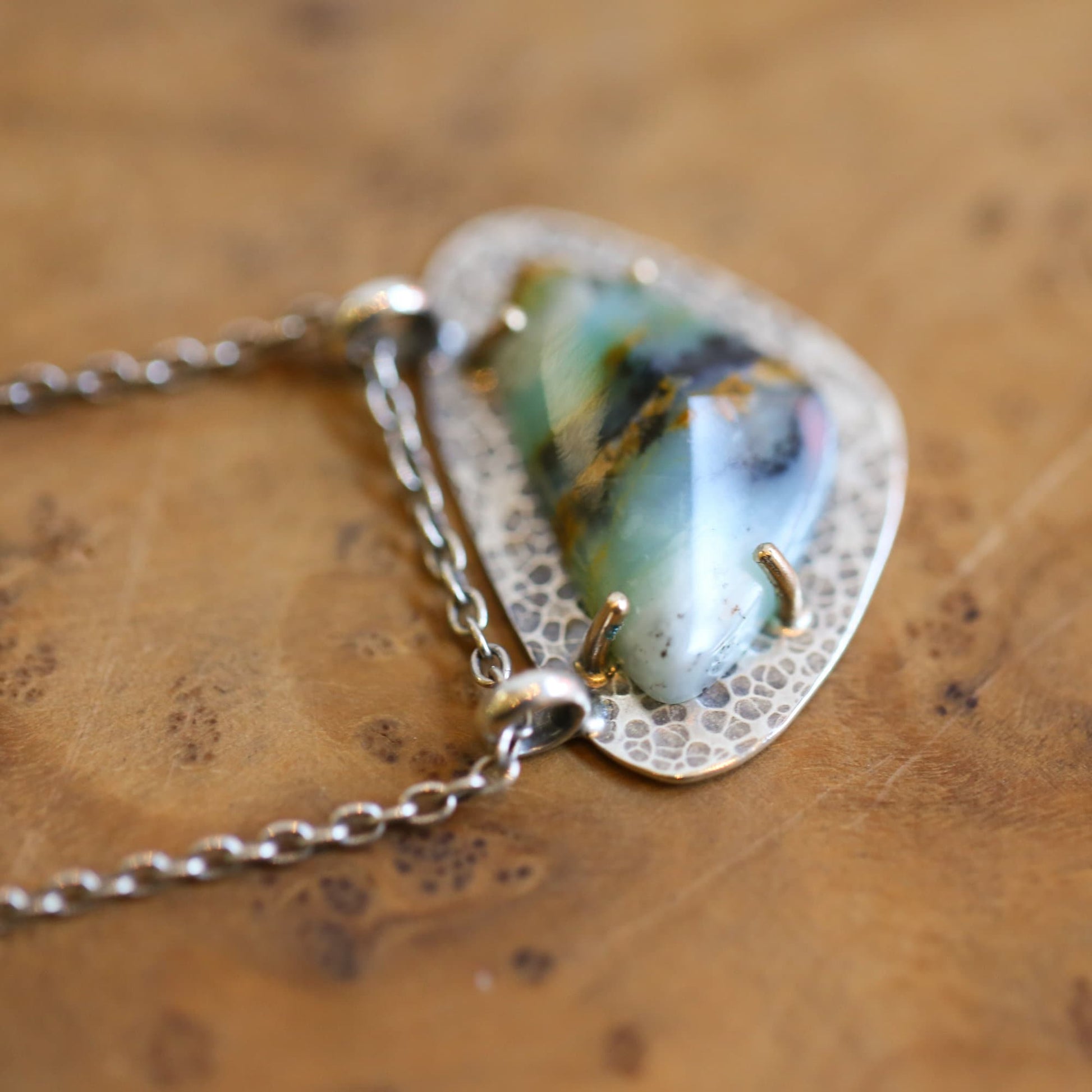 OOAK Peruvian Blue Opal Necklace - 14K Gold Prong Pendant - Sterling Silver