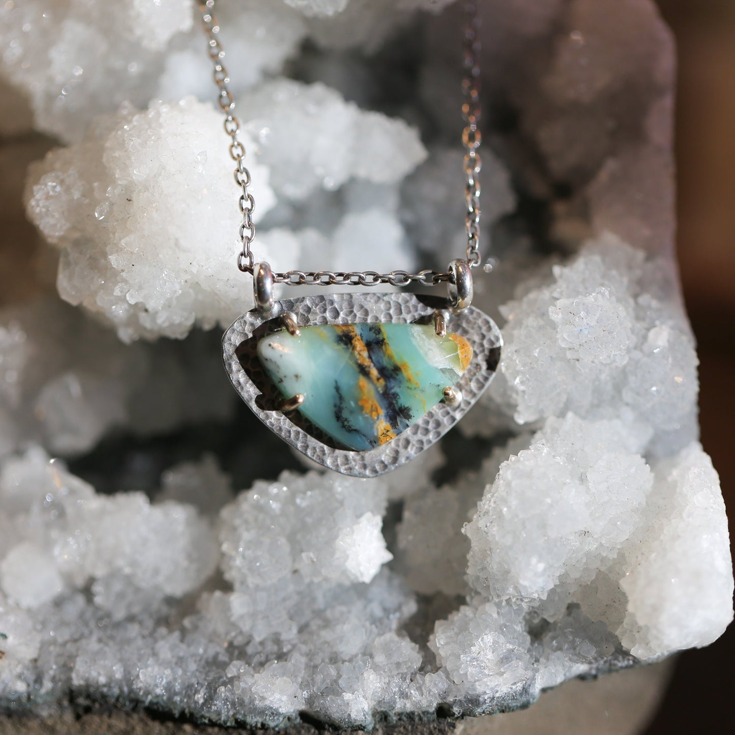 OOAK Peruvian Blue Opal Necklace - 14K Gold Prong Pendant - Sterling Silver