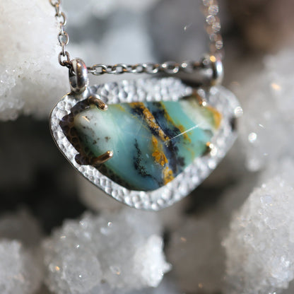 OOAK Peruvian Blue Opal Necklace - 14K Gold Prong Pendant - Sterling Silver