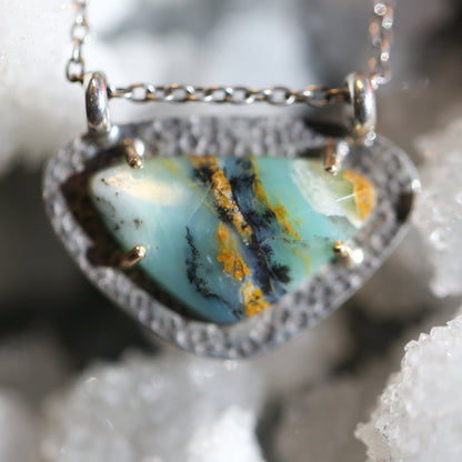OOAK Peruvian Blue Opal Necklace - 14K Gold Prong Pendant - Sterling Silver
