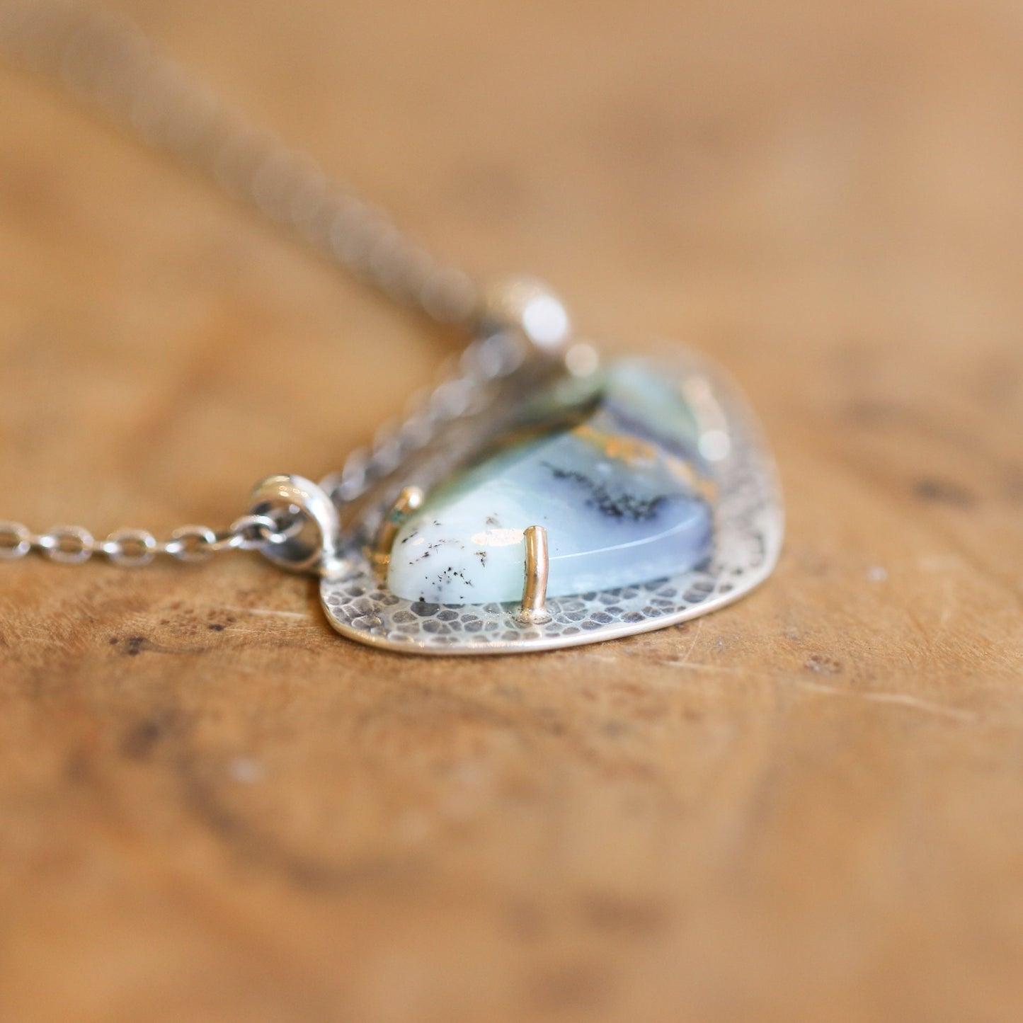 OOAK Peruvian Blue Opal Necklace - 14K Gold Prong Pendant - Sterling Silver