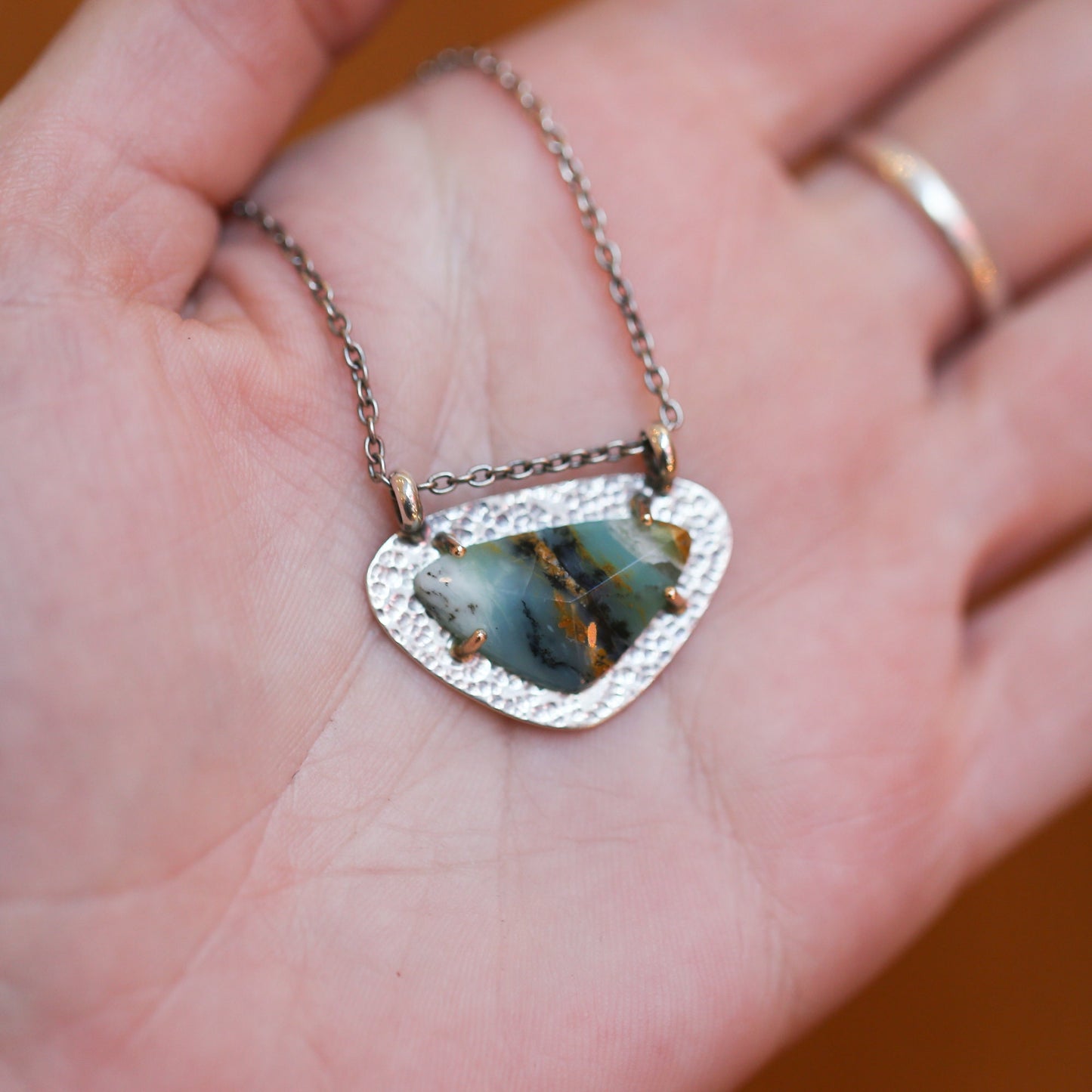OOAK Peruvian Blue Opal Necklace - 14K Gold Prong Pendant - Sterling Silver