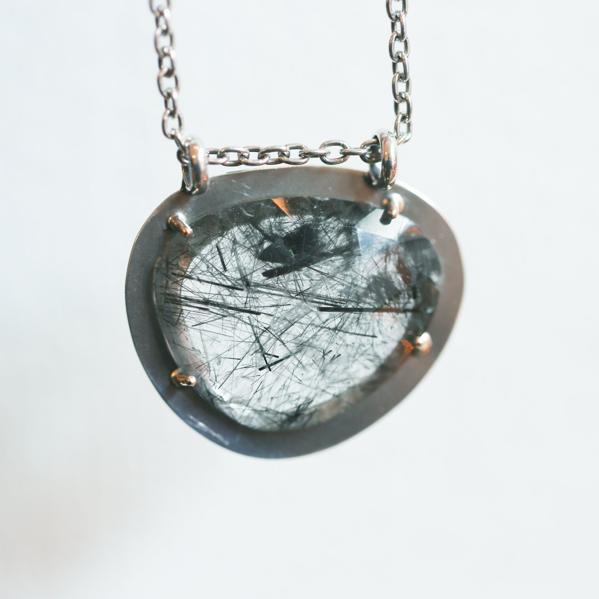 Tourmalinated Quartz Pendant - Ready to Ship - 14K Gold Prongs - Sterling Silver Necklace