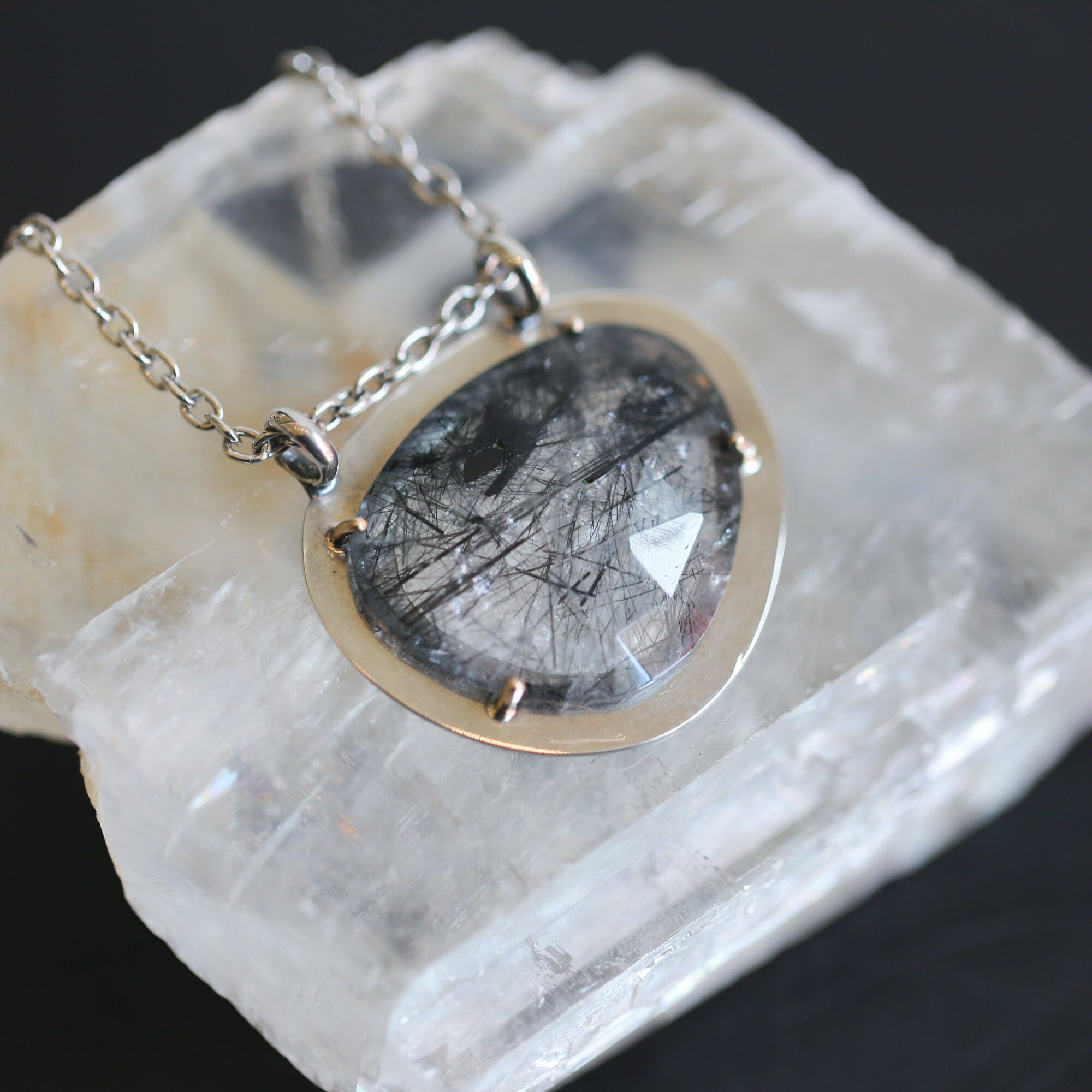 Tourmalinated Quartz Pendant - Ready to Ship - 14K Gold Prongs - Sterling Silver Necklace