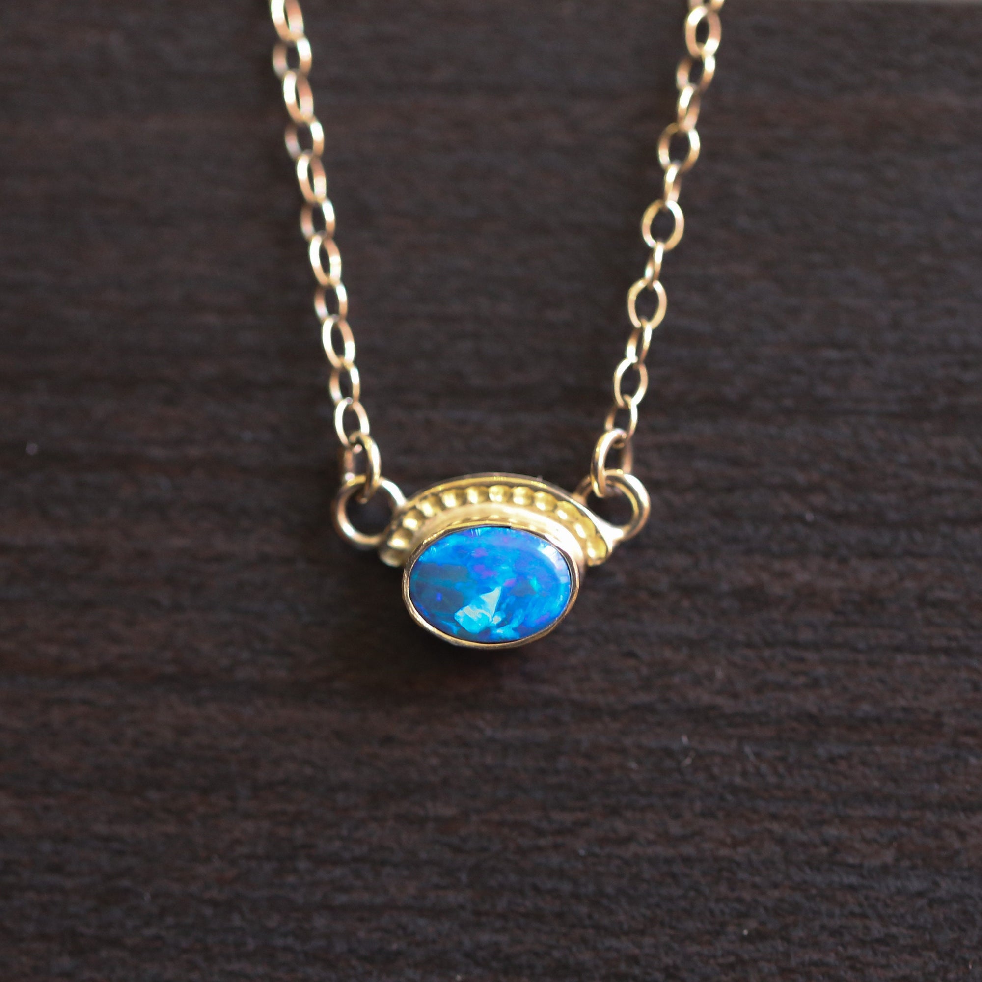 Vibrant Opal Necklace - Solid Gold Pendant - Australian Opal Doublet - Opal Eyes Pendant