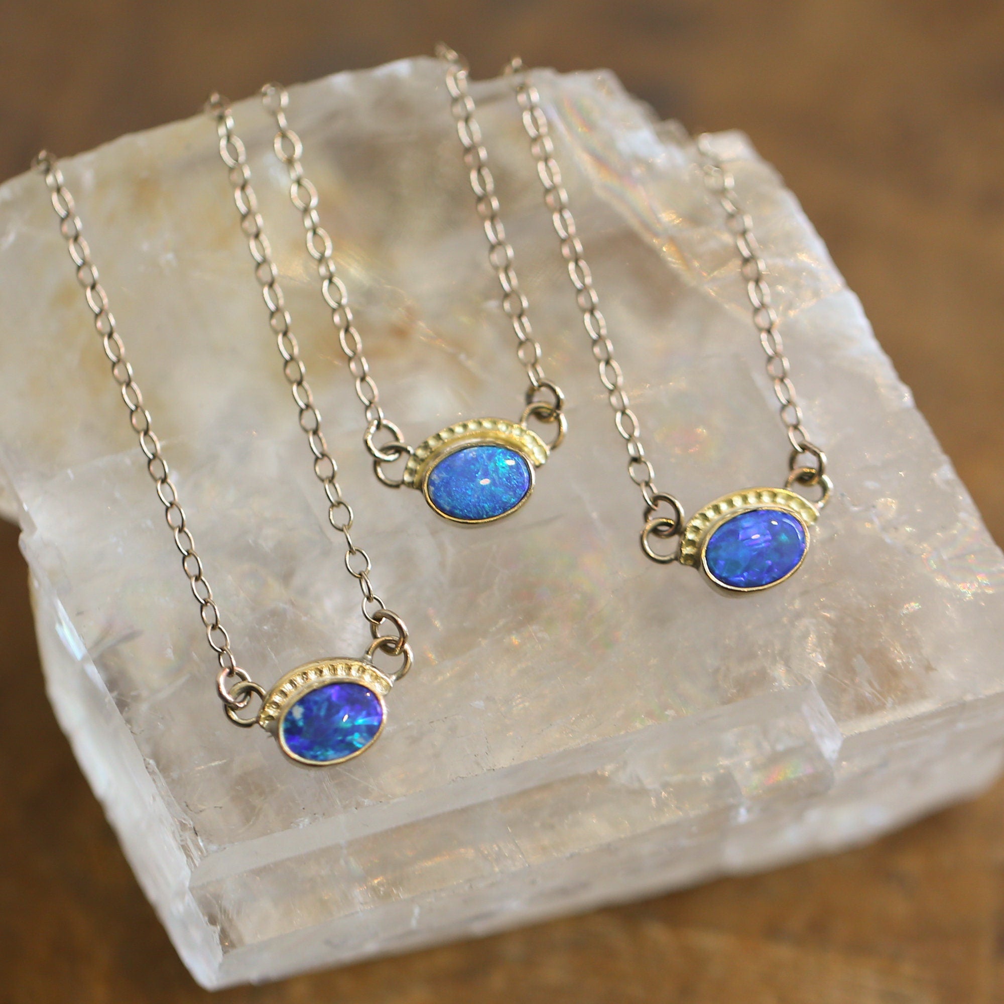 Vibrant Opal Necklace - Solid Gold Pendant - Australian Opal Doublet - Opal Eyes Pendant