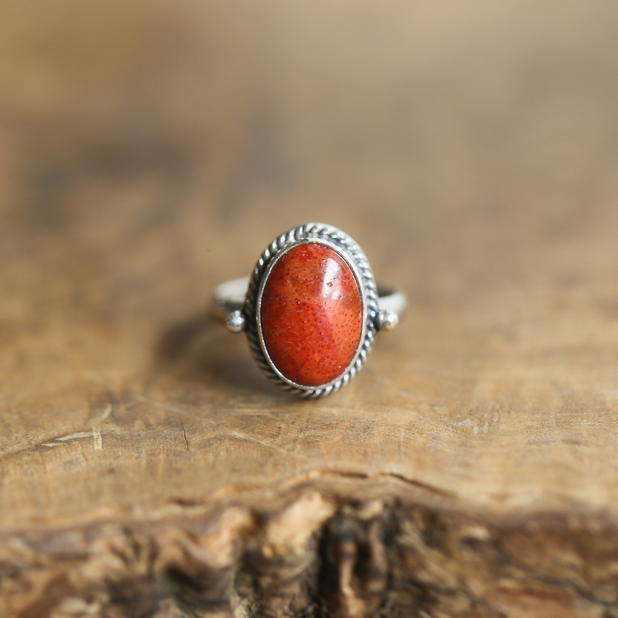 Red Sponge Coral Lasso Ring - Silversmith Ring - Western Red Coral Ring - Sterling Silver