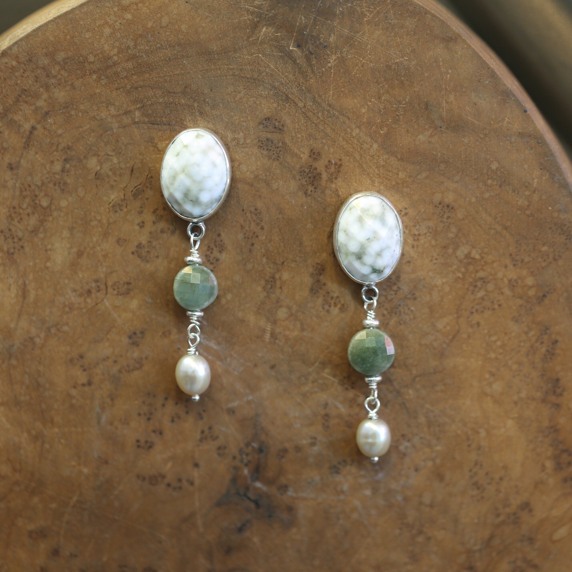 Ocean Jasper with Jade and Pearls drops - Ready to Ship - Silversmith Post Drop Earrings