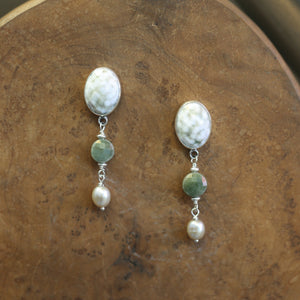 Ocean Jasper with Jade and Pearls drops - Ready to Ship - Silversmith Post Drop Earrings