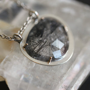 Tourmalinated Quartz Pendant - Ready to Ship - 14K Gold Prongs - Sterling Silver Necklace