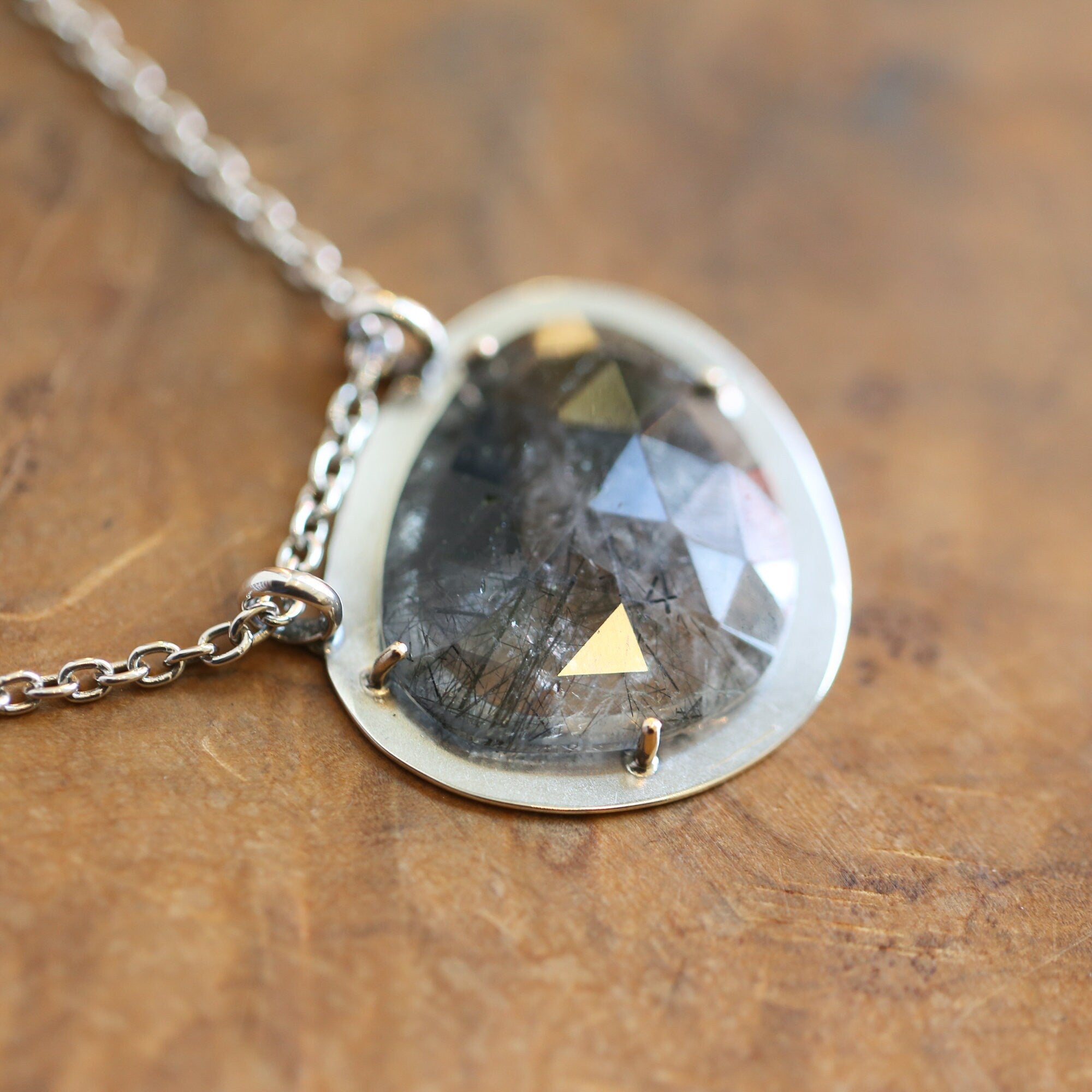 Tourmalinated Quartz Pendant - Ready to Ship - 14K Gold Prongs - Sterling Silver Necklace