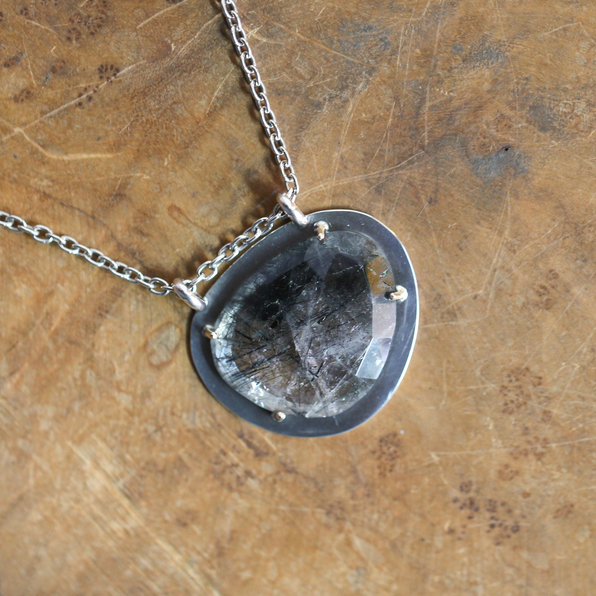 Tourmalinated Quartz Pendant - Ready to Ship - 14K Gold Prongs - Sterling Silver Necklace