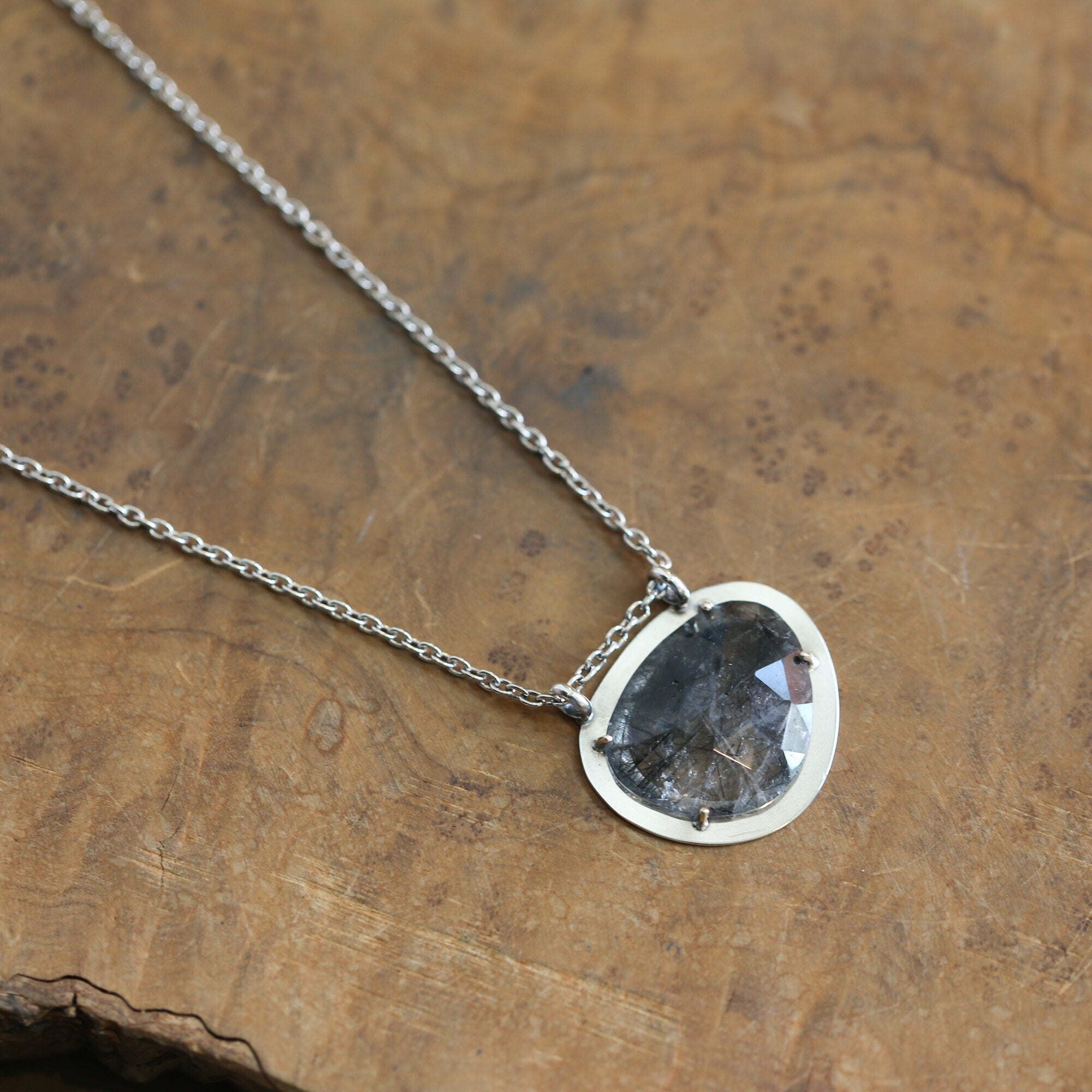 Tourmalinated Quartz Pendant - Ready to Ship - 14K Gold Prongs - Sterling Silver Necklace