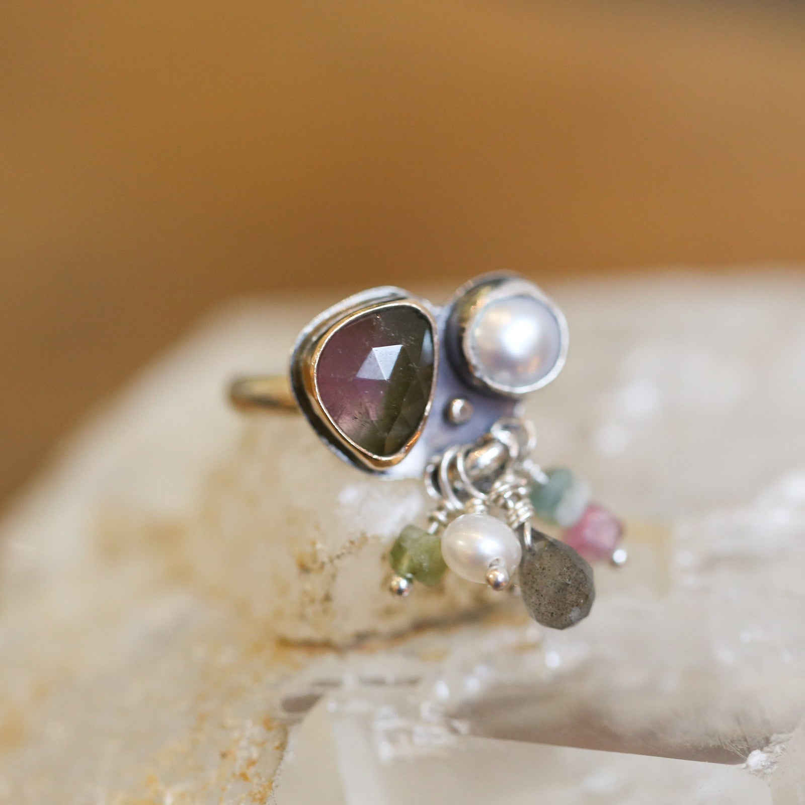 Tourmaline Ring - Fringe Ring - Freshwater Pearl Ring - Sterling Silver - Gold Filled