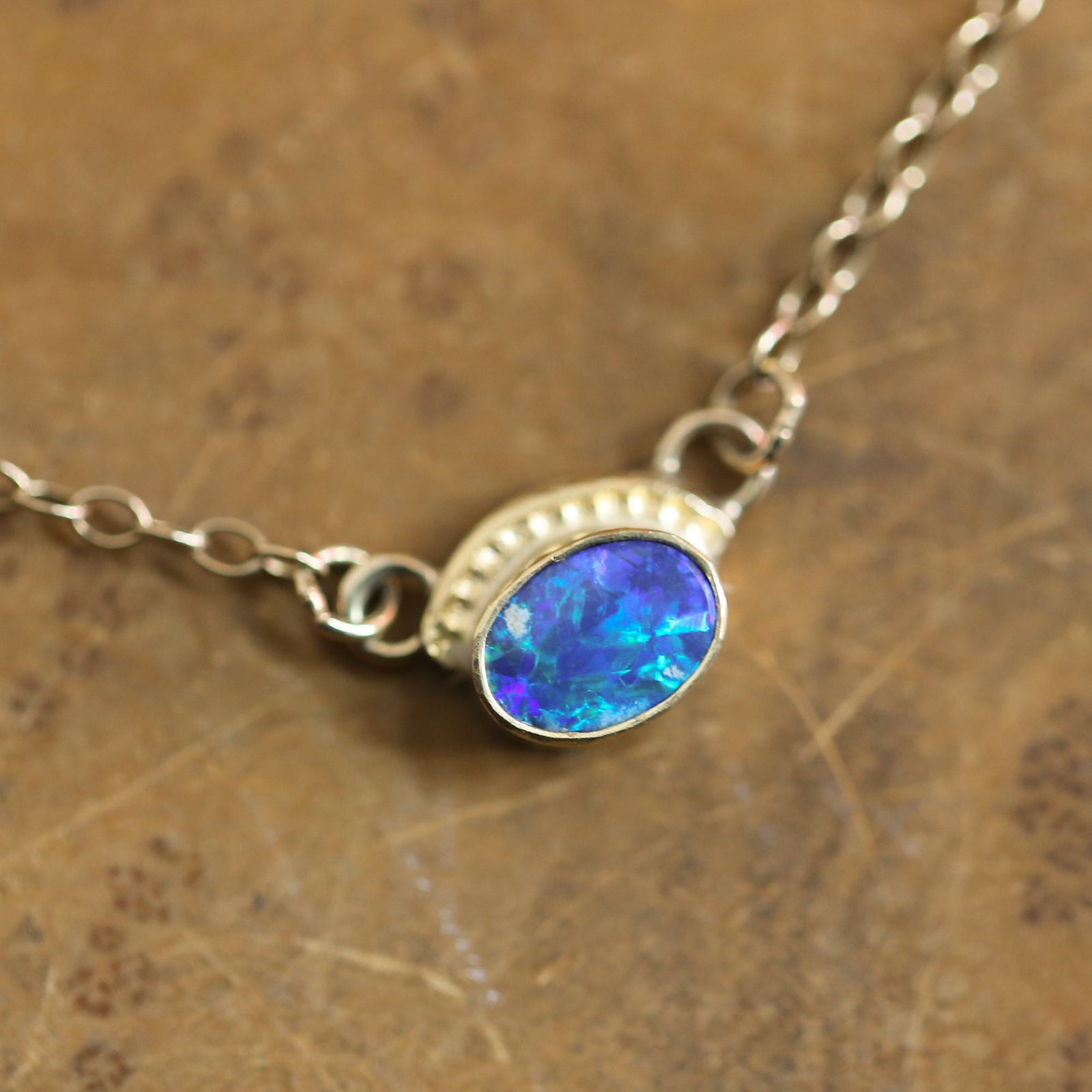 Vibrant Opal Necklace - Solid Gold Pendant - Australian Opal Doublet - Opal Eyes Pendant