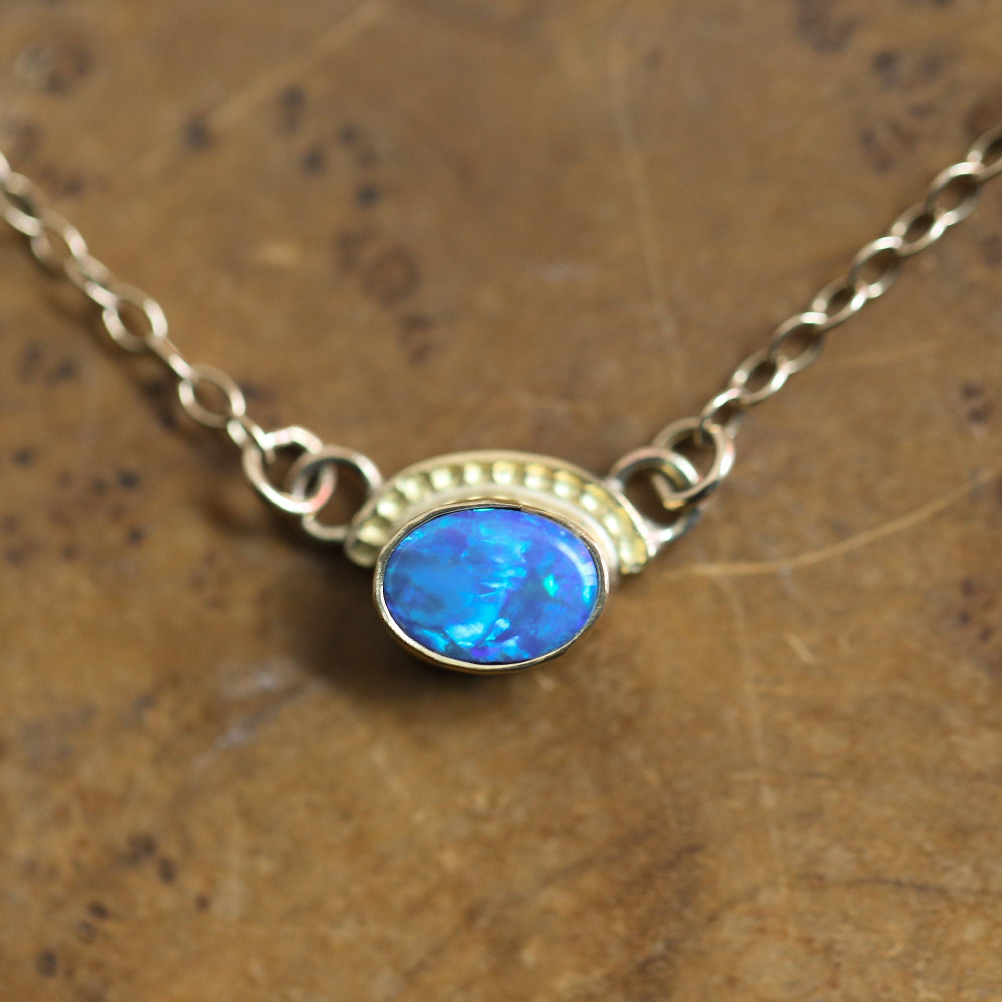 Vibrant Opal Necklace - Solid Gold Pendant - Australian Opal Doublet - Opal Eyes Pendant