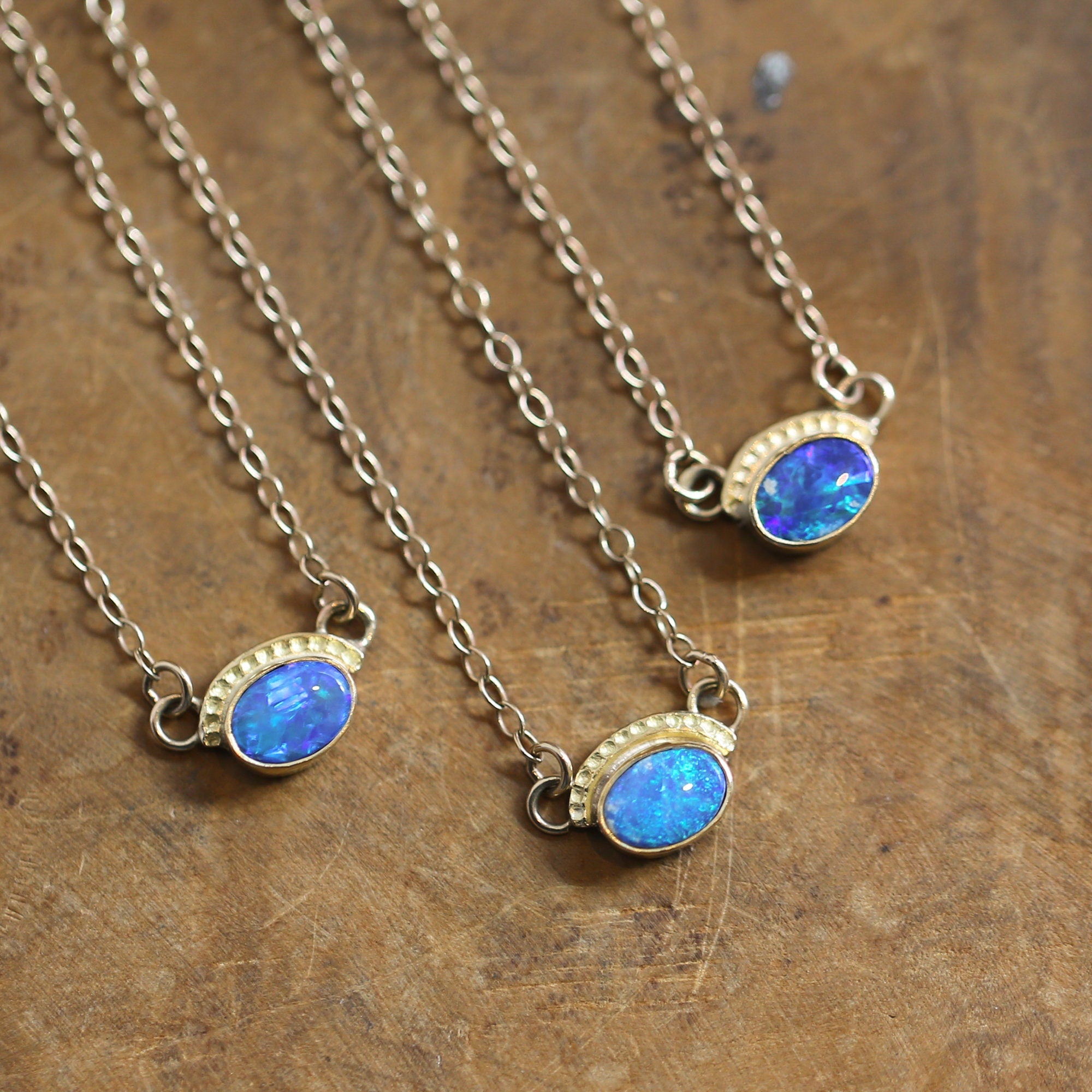 Vibrant Opal Necklace - Solid Gold Pendant - Australian Opal Doublet - Opal Eyes Pendant