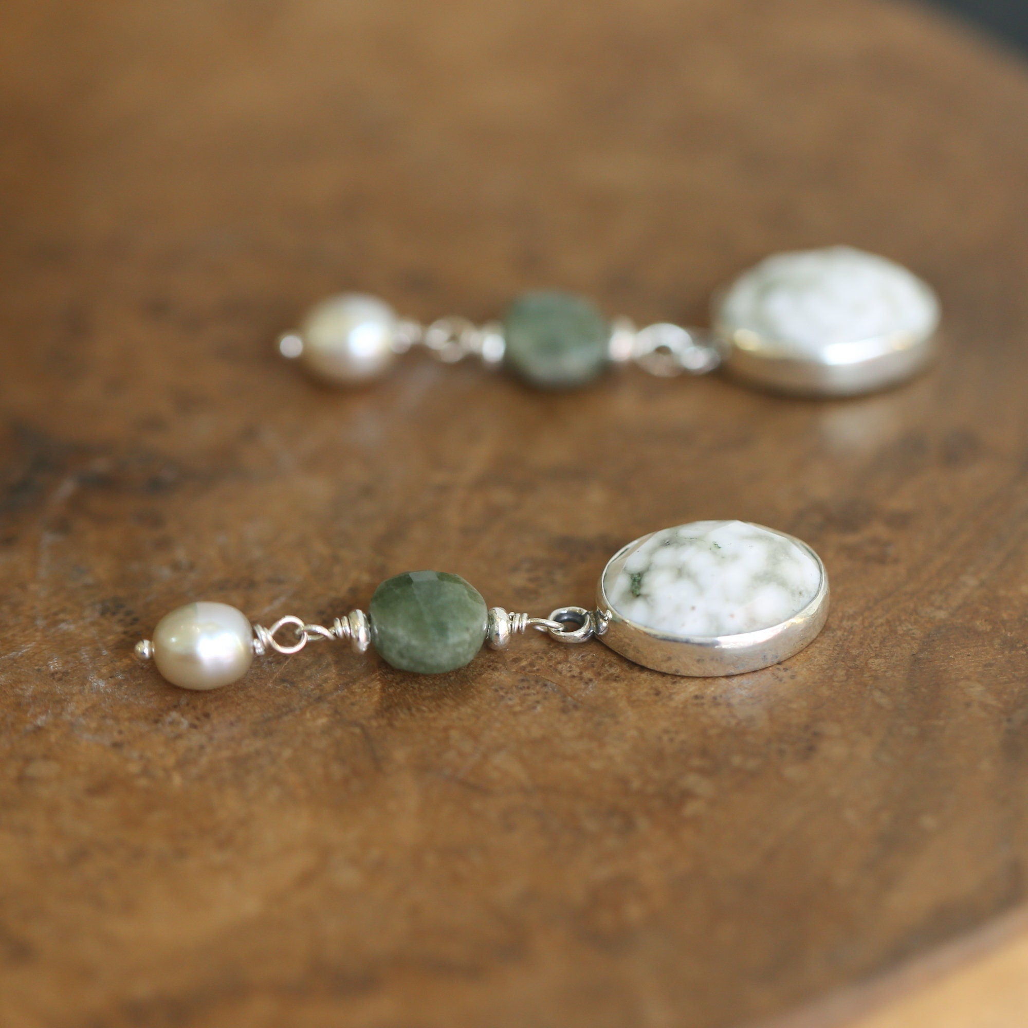 Ocean Jasper with Jade and Pearls drops - Ready to Ship - Silversmith Post Drop Earrings