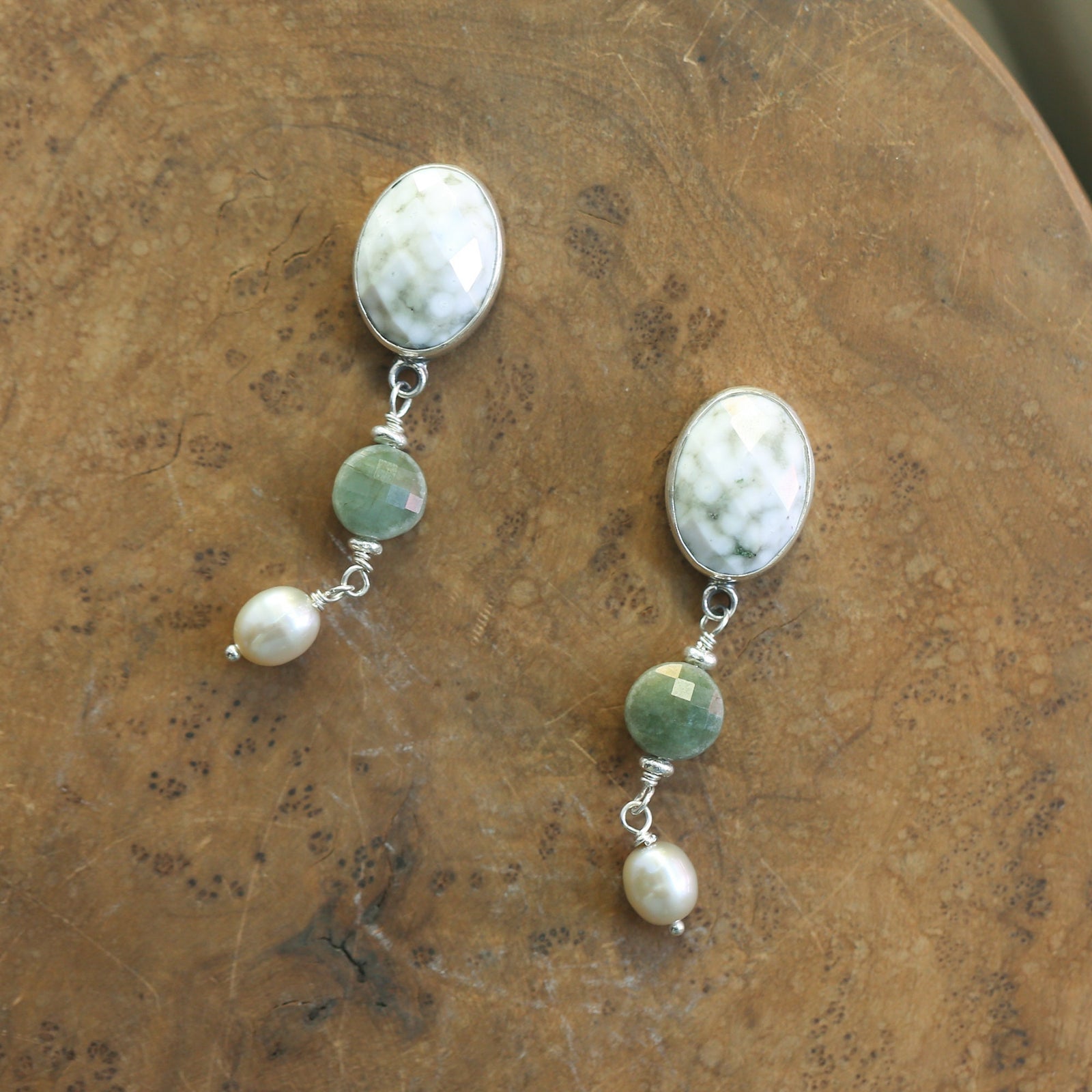 Ocean Jasper Posts with Jade and Peals - Choose Your Pair - Sterling Silver Studs