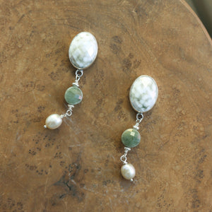 Ocean Jasper with Jade and Pearls drops - Ready to Ship - Silversmith Post Drop Earrings