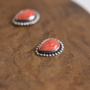 Big Spiny Oyster Shell Posts - Coral Red Pear Shaped Studs - Sterling Silver