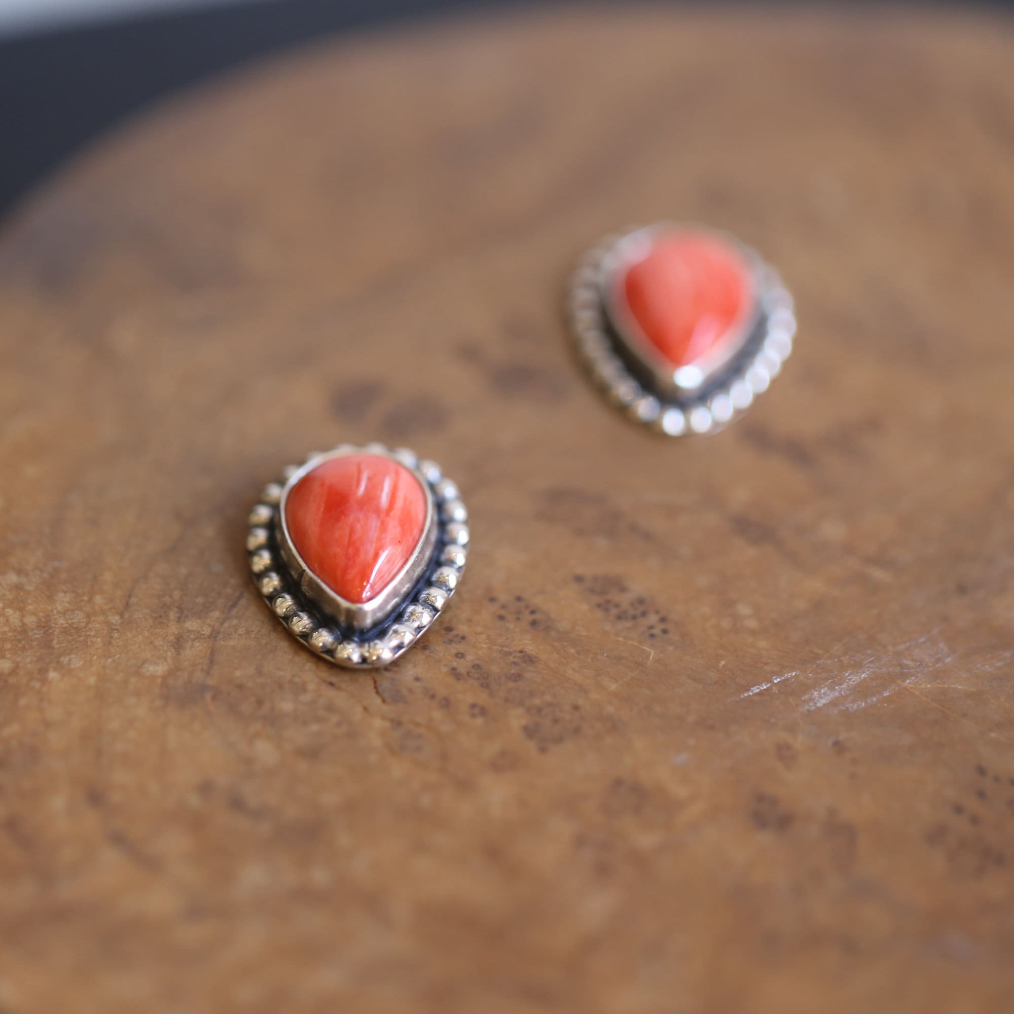 Big Spiny Oyster Shell Posts - Coral Red Pear Shaped Studs - Sterling Silver