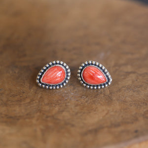 Big Spiny Oyster Shell Posts - Coral Red Pear Shaped Studs - Sterling Silver
