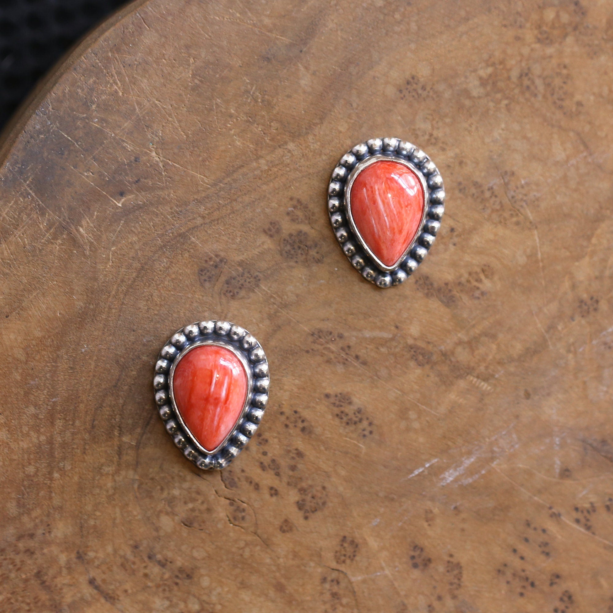 Big Spiny Oyster Shell Posts - Coral Red Pear Shaped Studs - Sterling Silver