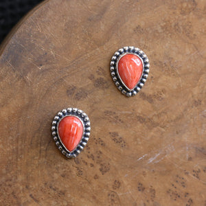 Big Spiny Oyster Shell Posts - Coral Red Pear Shaped Studs - Sterling Silver