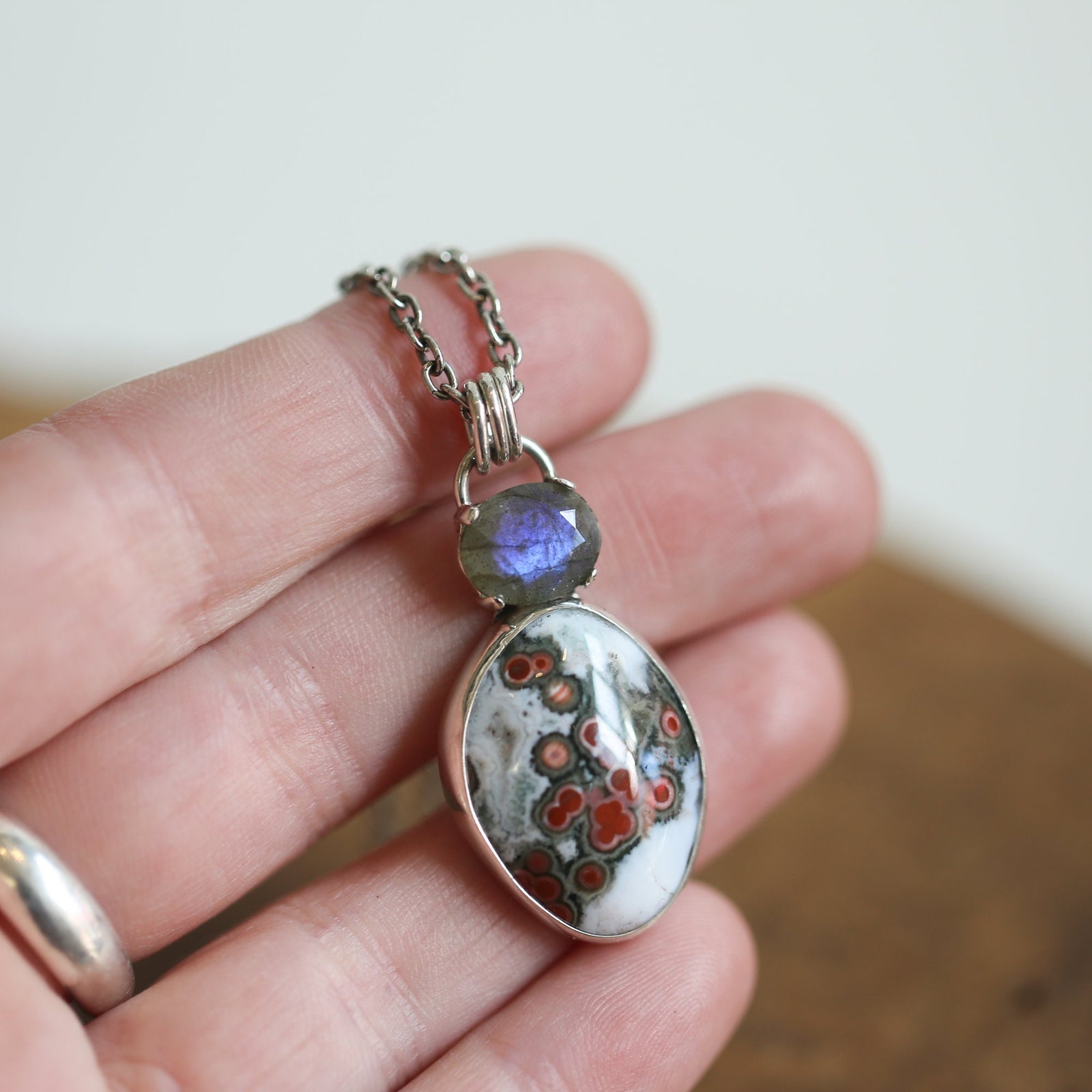 Sterling Silver Ocean Jasper Pendant – Labradorite Accent, Silversmith Jewelry