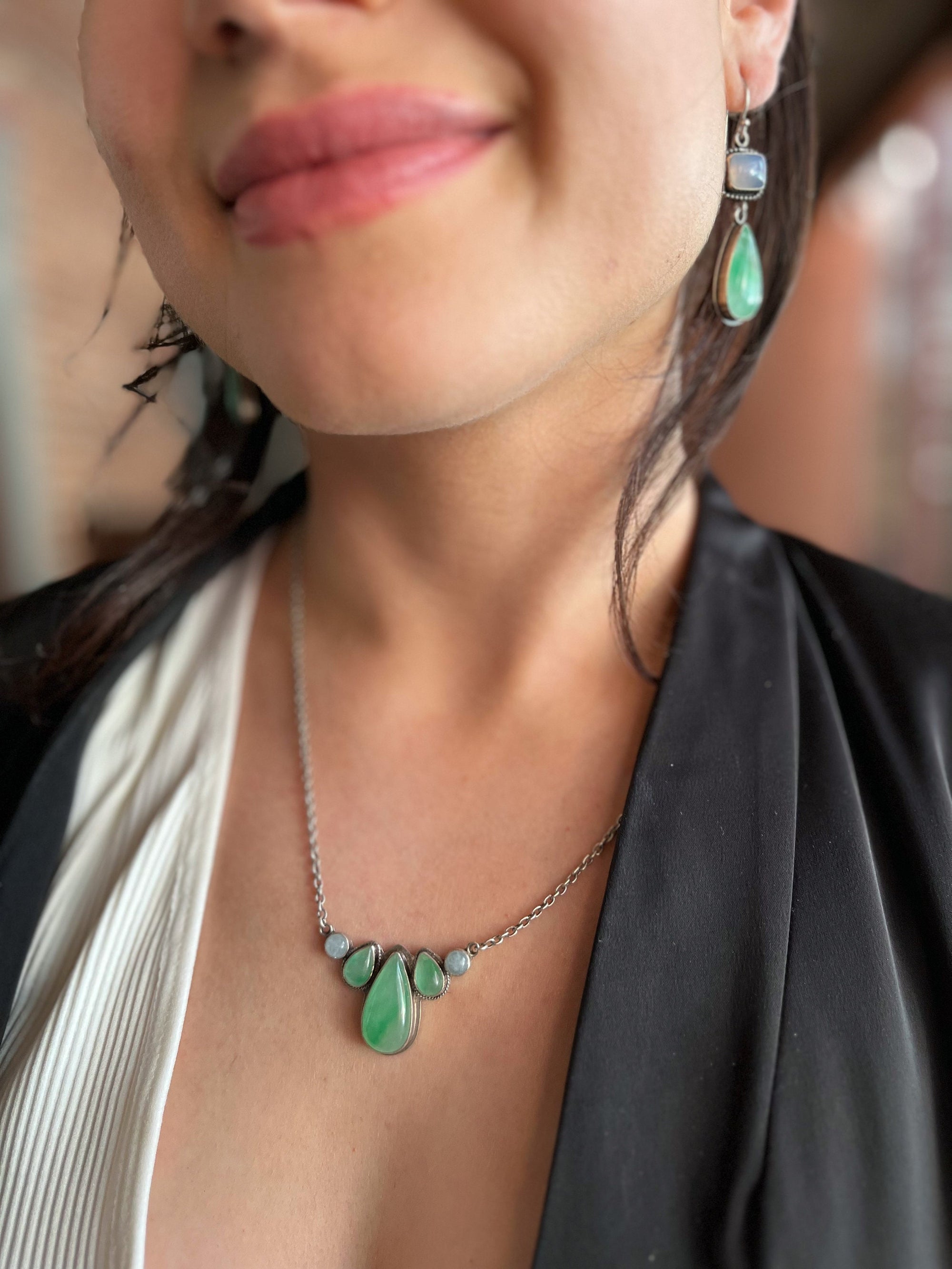 Jade Harmony Necklace - 5 Stone Pendant - Jade Aquamarine Necklace - Green Jade Sterling Silver Jewelry